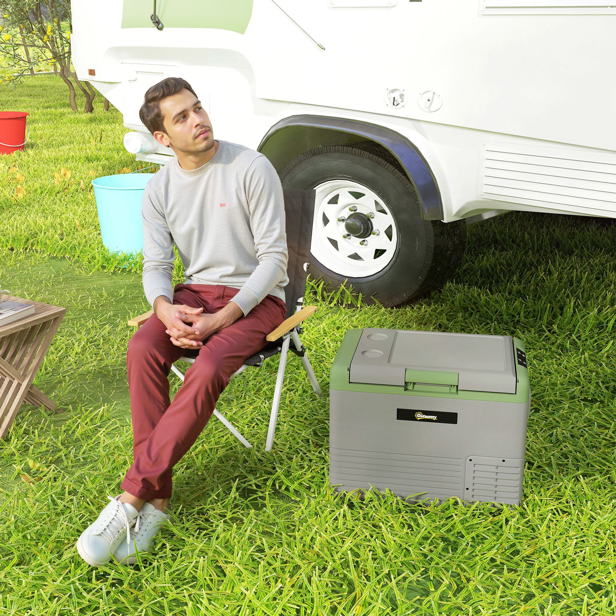 Outsunny 40L Portable Car Refrigerator - Light Green and Grey