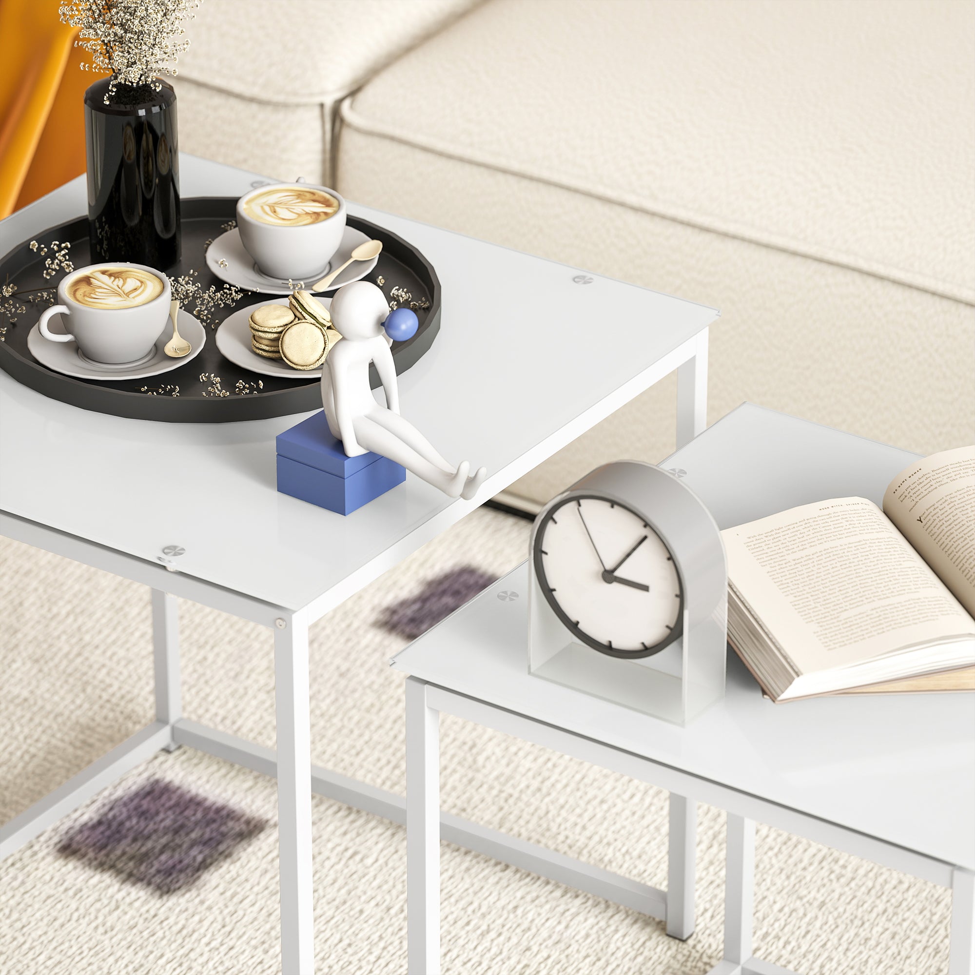 HOMCOM Nest of Tables, Set of 2 Coffee Table, Side Tables with Tempered Glass Desktop and Metal Frame for Living Room, Bedroom, Office, White