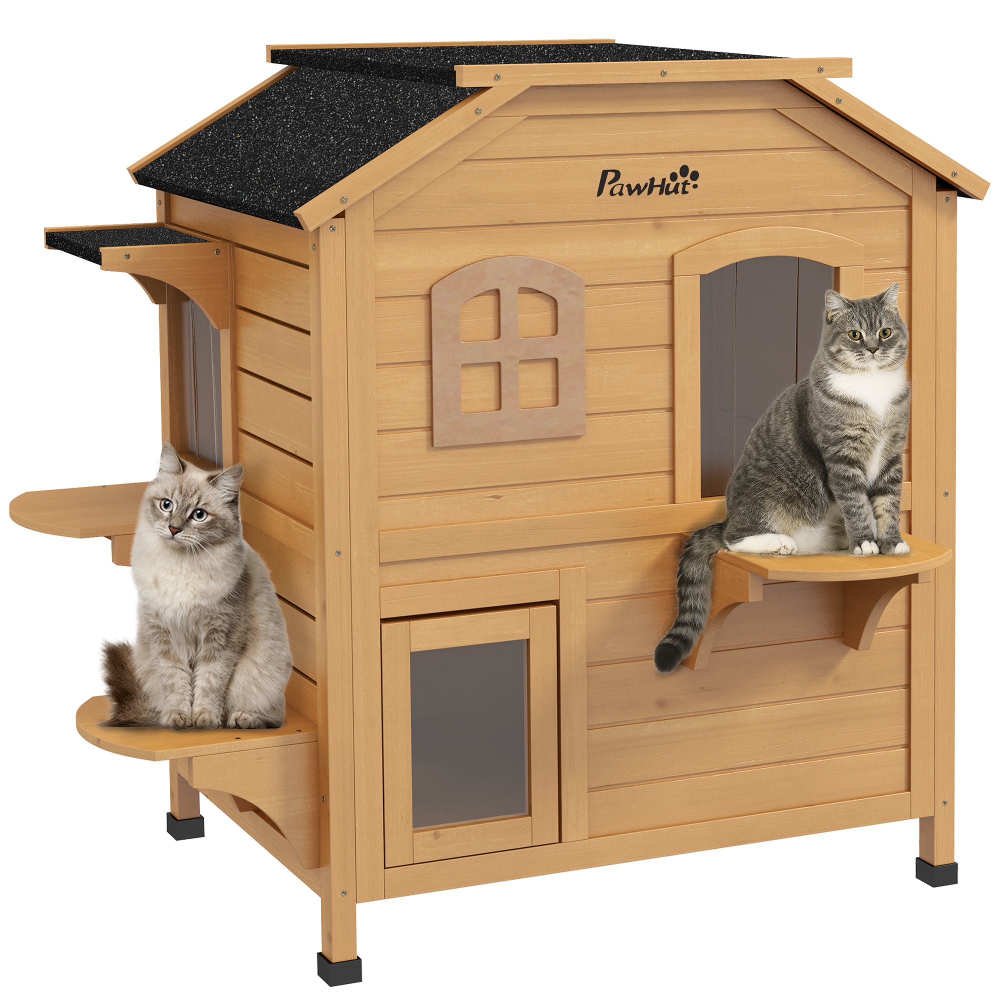 PawHut\'c2\'a02-story Cat House Outdoor, Weatherproof\'c2\'a0Wooden Cat Enclosure for Feral Cats with Escape Door, Openable Roof, Jumping Platforms, Natural Wood Finish