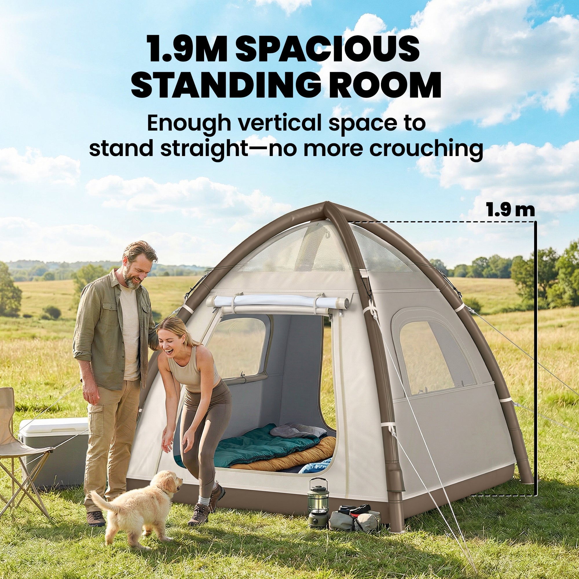 Outsunny Inflatable Camping Tent with Rainfly, 3 Man Air Tent 3000mm Waterproof Blow Up Tents, Cream