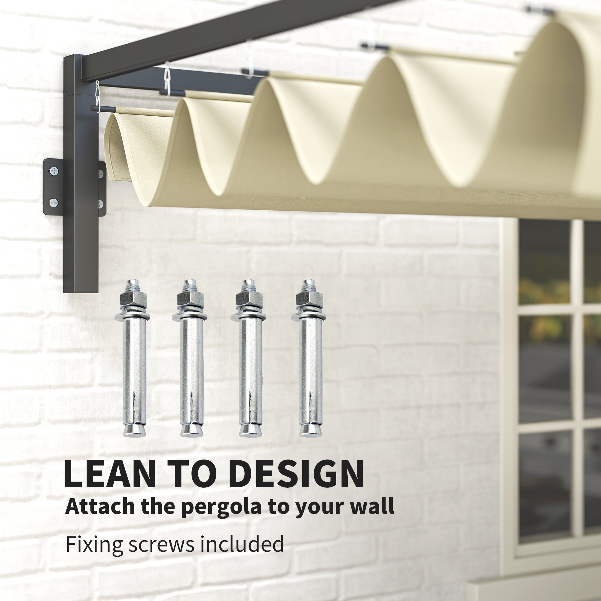 Outsunny 3 x 4m Lean To Steel Pergola, with Moving Fabric Canopy - Khaki