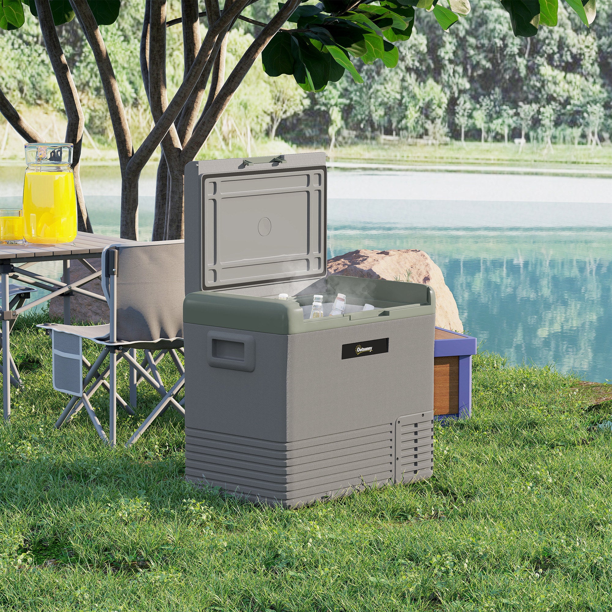 Outsunny 50L Portable Car Refrigerator - Light Green and Grey