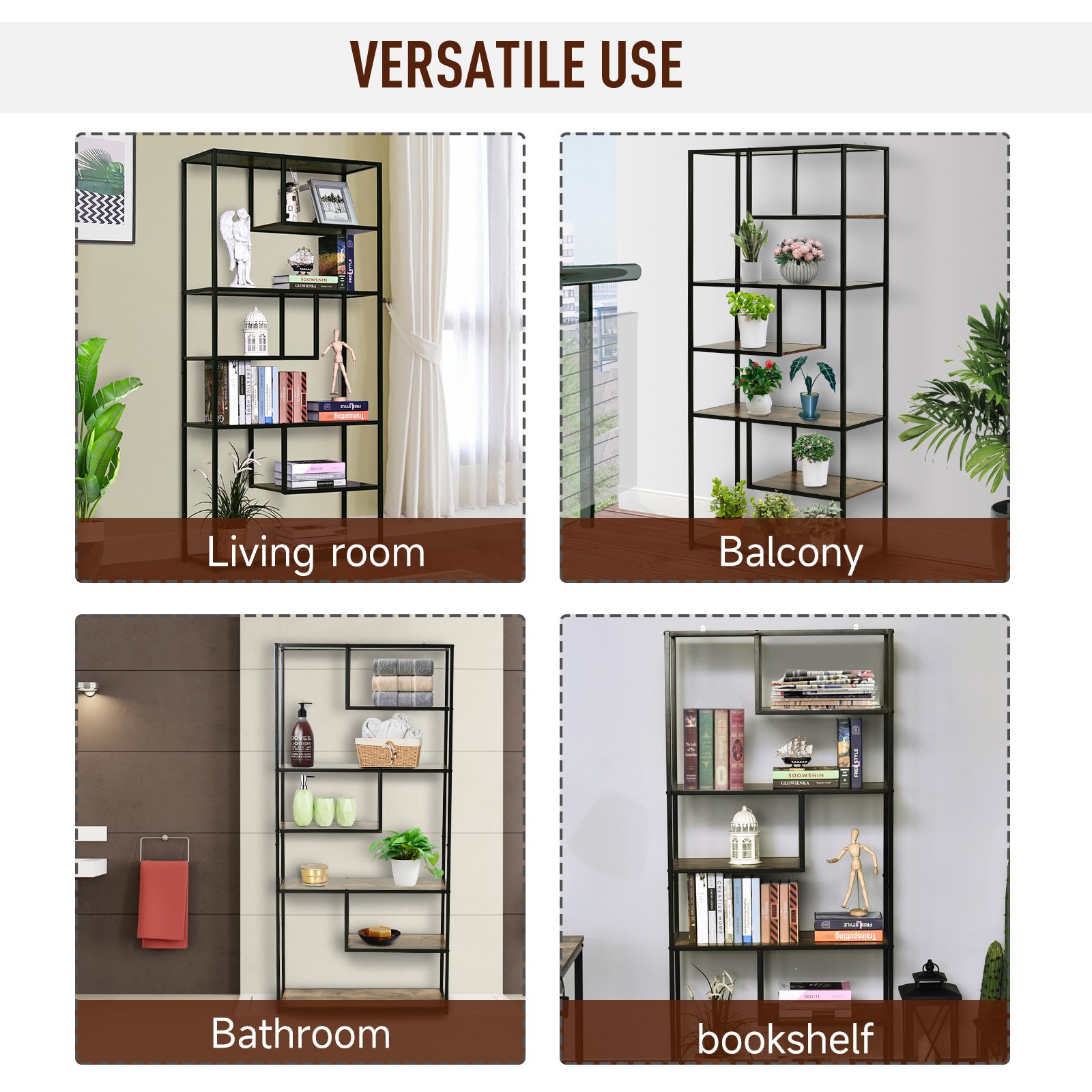HOMCOM 6 Tier Bookcase, Industrial Tall Shelf Unit with Steel Frame for Home Office, Study, Living Room, Hallway, 82 x 33.5 x 175 cm, Rustic Brown and Black