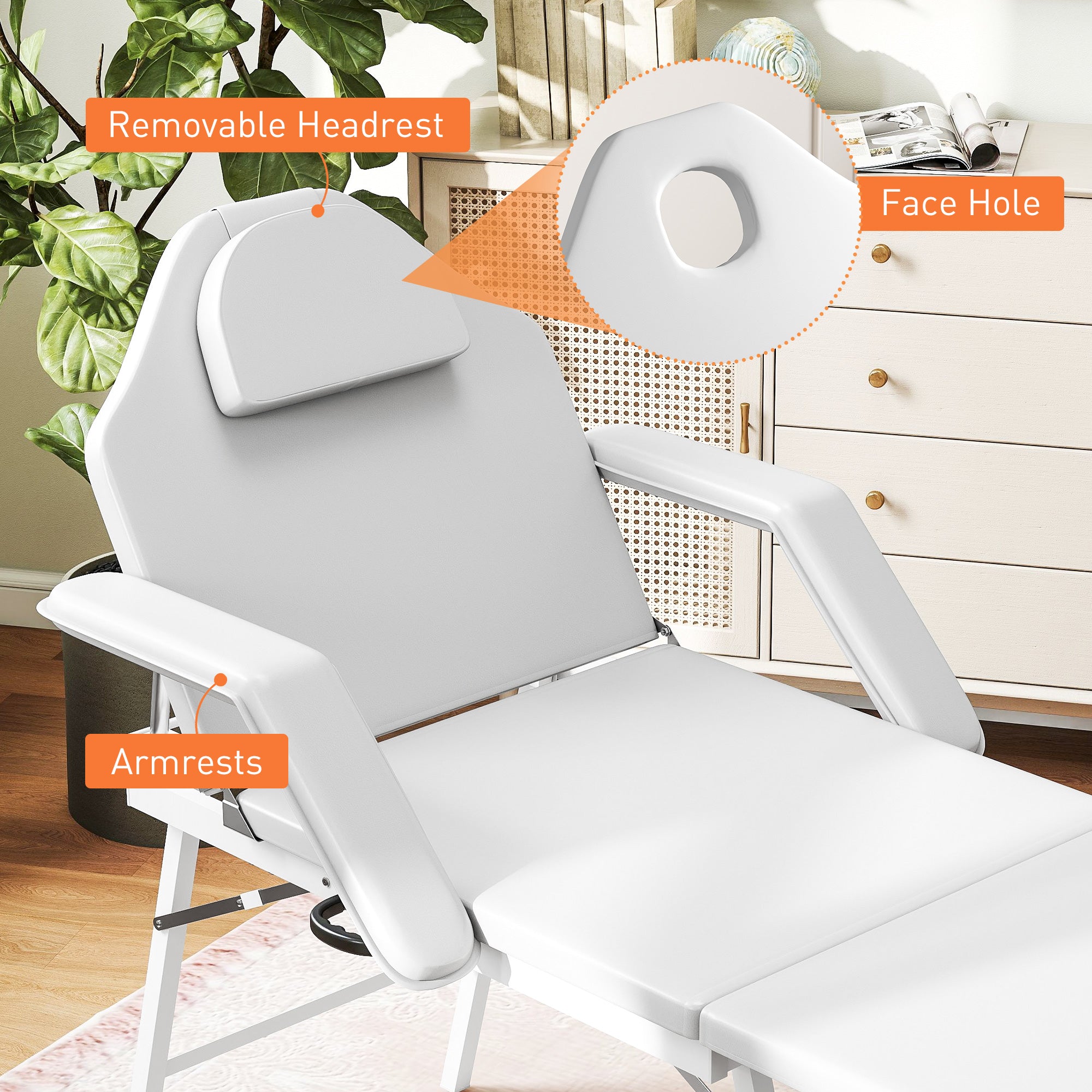 HOMCOM Portable Massage Table, 3 Section Adjustable Beauty Bed, Foldable Massage Bed with Face Hole, Recliner Chair with Removable Headrest and Armrests for Spa, Lash, Tattoo, White