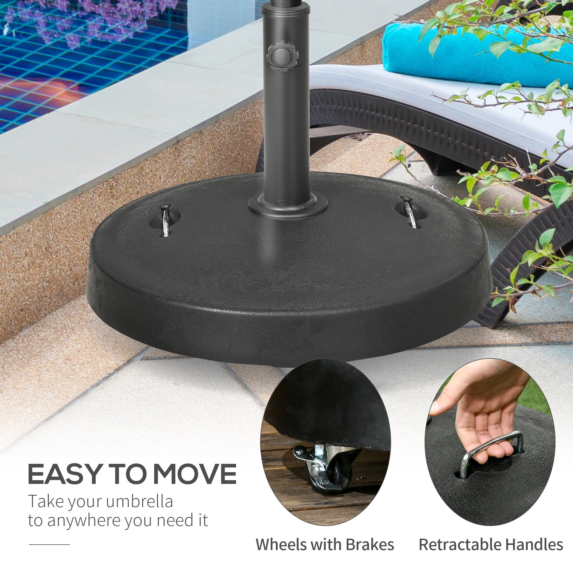 Outsunny 23.5kg Resin Garden Parasol Base with Wheels and Retractable Handles, Round Outdoor Market Umbrella Stand Weight for Poles of \'ce\'a638mm to \'ce\'a648mm, Black