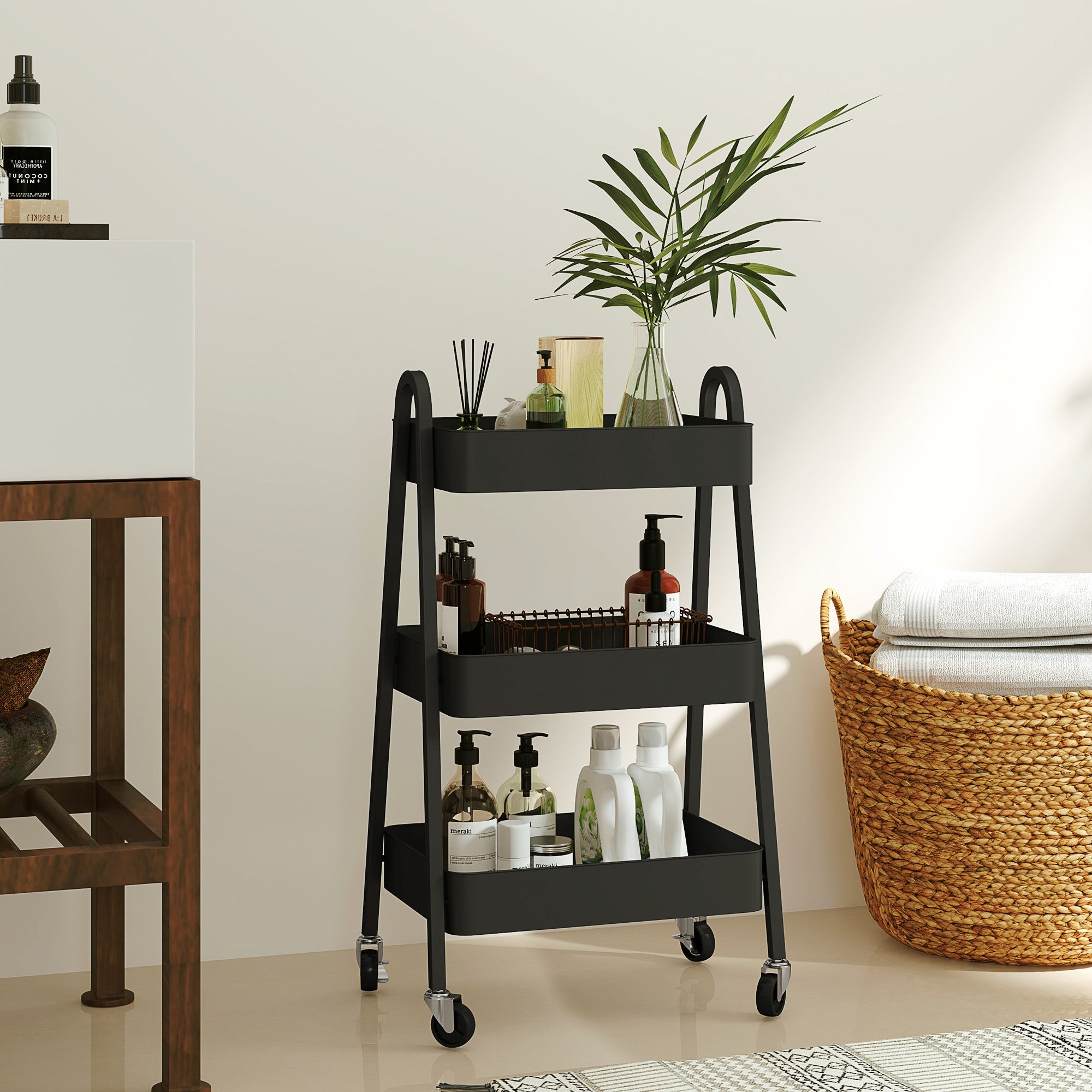 HOMCOM Three-Tier Storage Trolley - Black