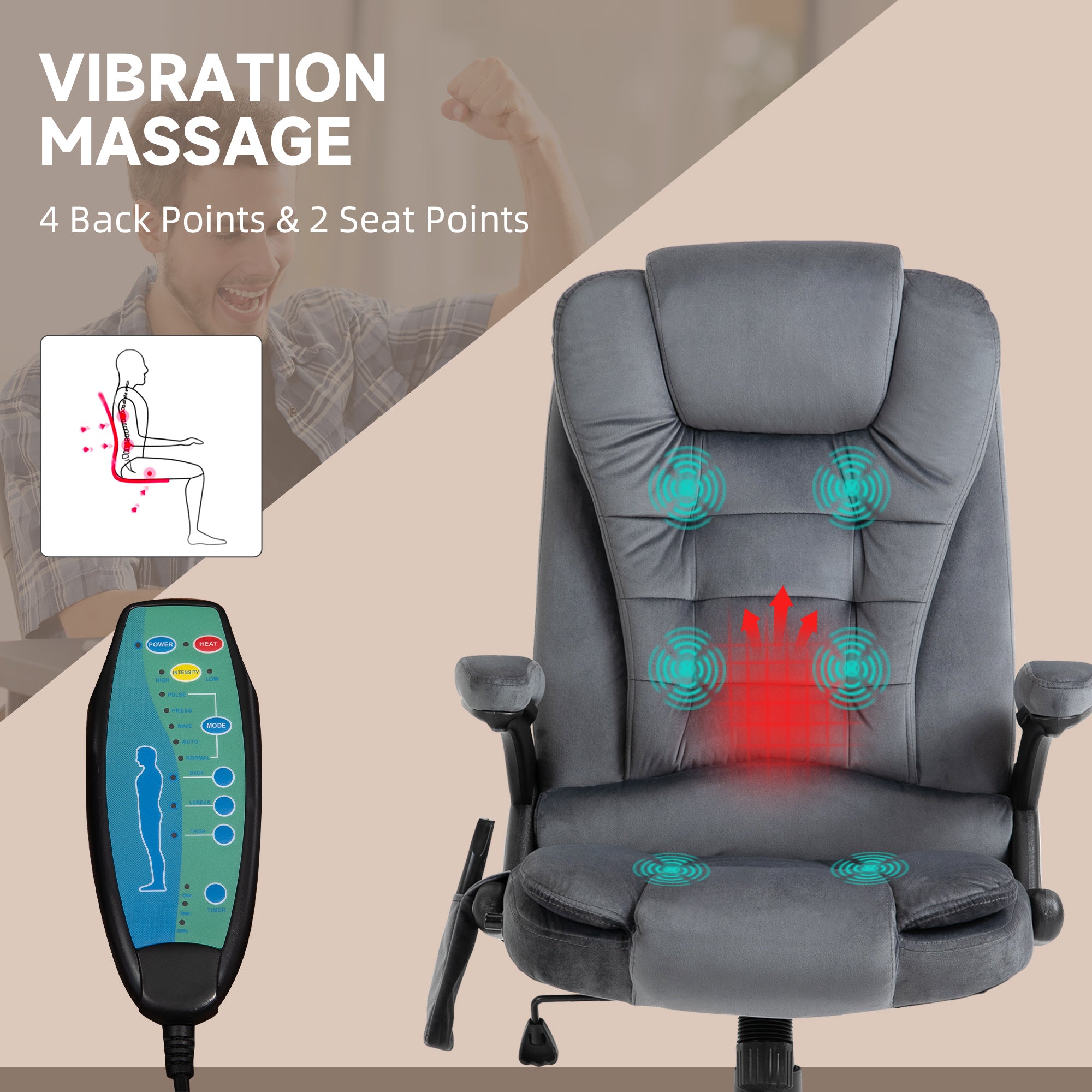 Vinsetto Massage Recliner Chair Heated Office Chair with Six Massage Points Velvet-Feel Fabric 360\'c2\'b0 Swivel Wheels Grey