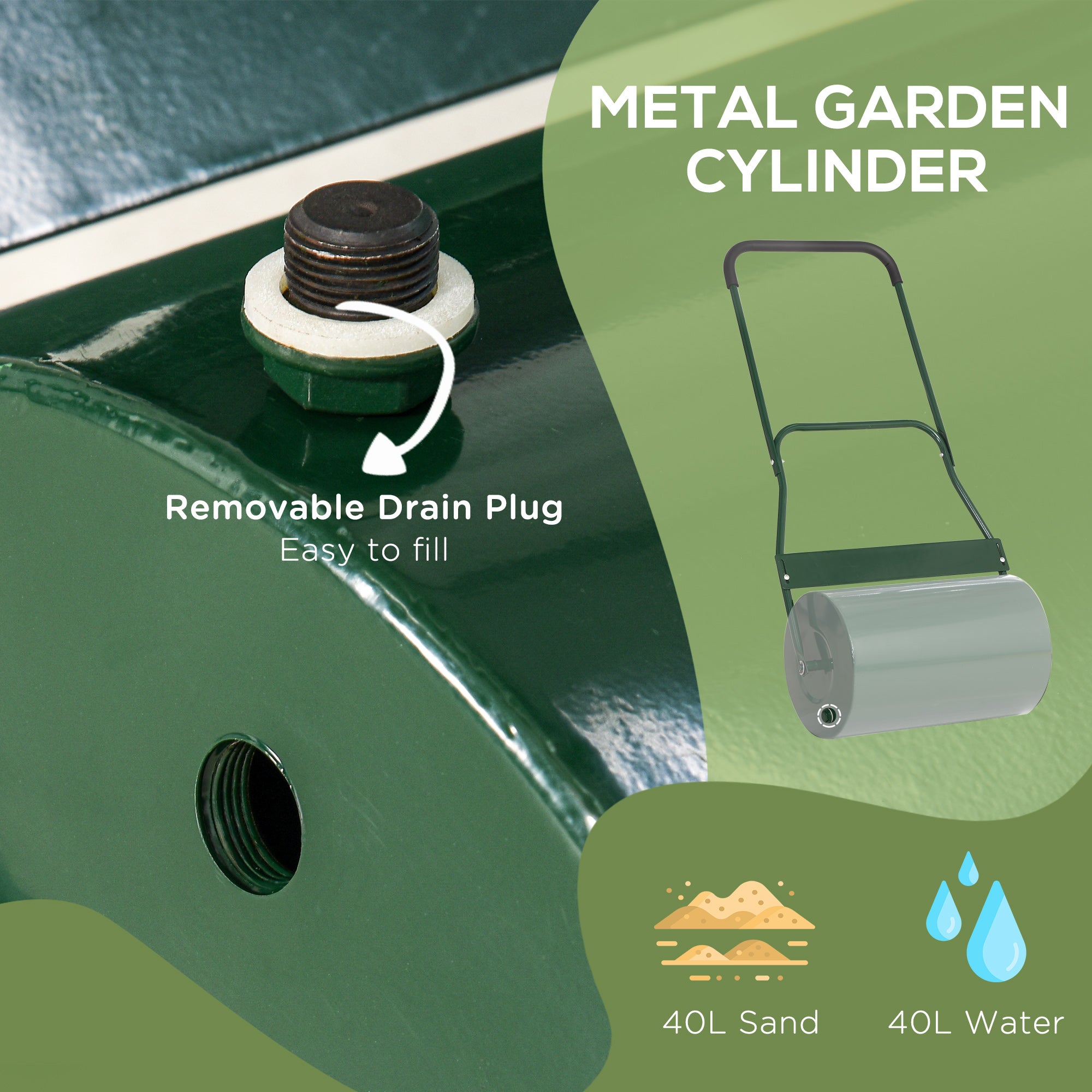 Outsunny 40L Lawn Roller Drum Scraper Bar Collapsible Handle Water or Sand Filled Φ32cm Green