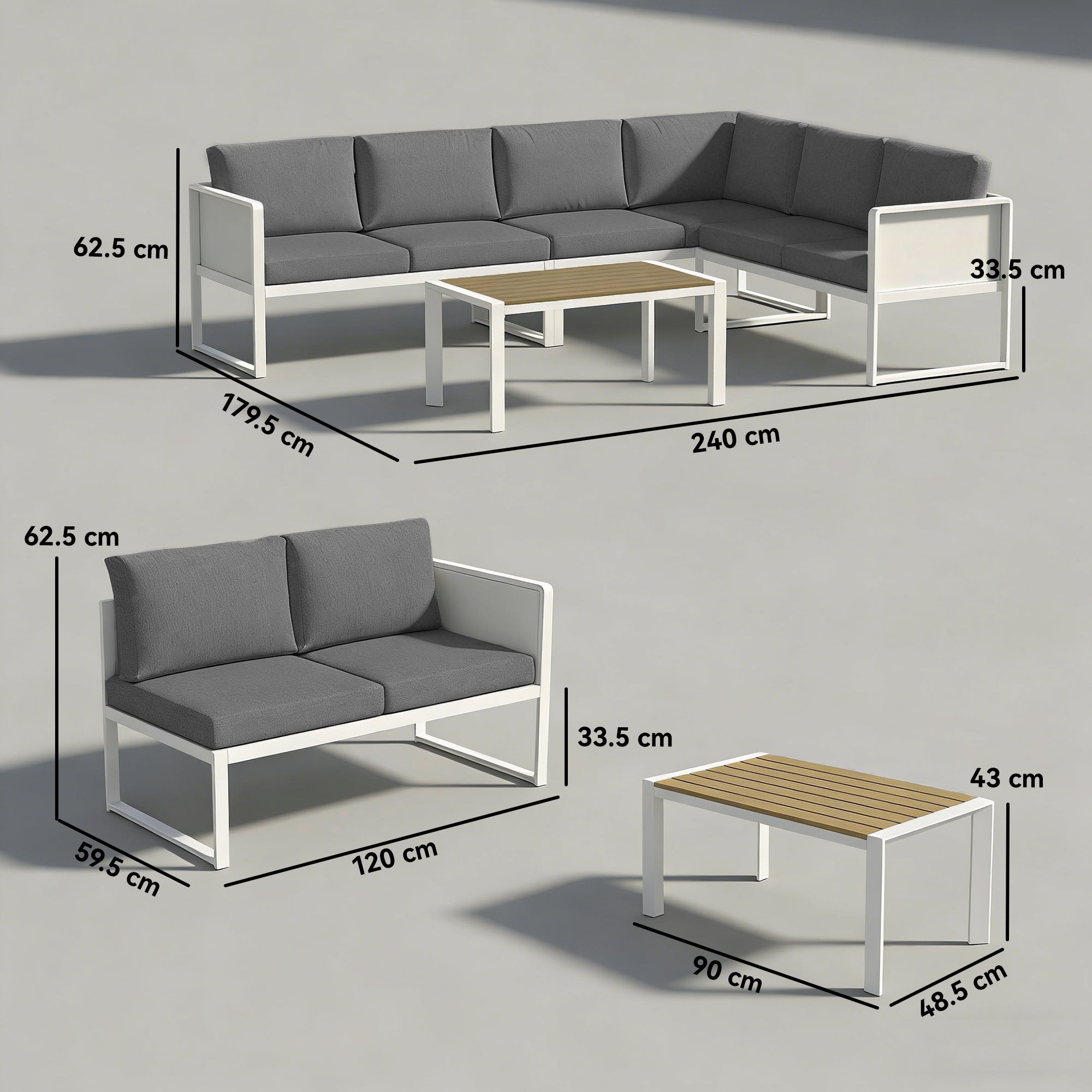 Outsunny 6 Seater Metal Garden Furniture Corner Sofa Set with 3 Loveseats, Faux Wood Table, Texteline Seat, Cushions, White