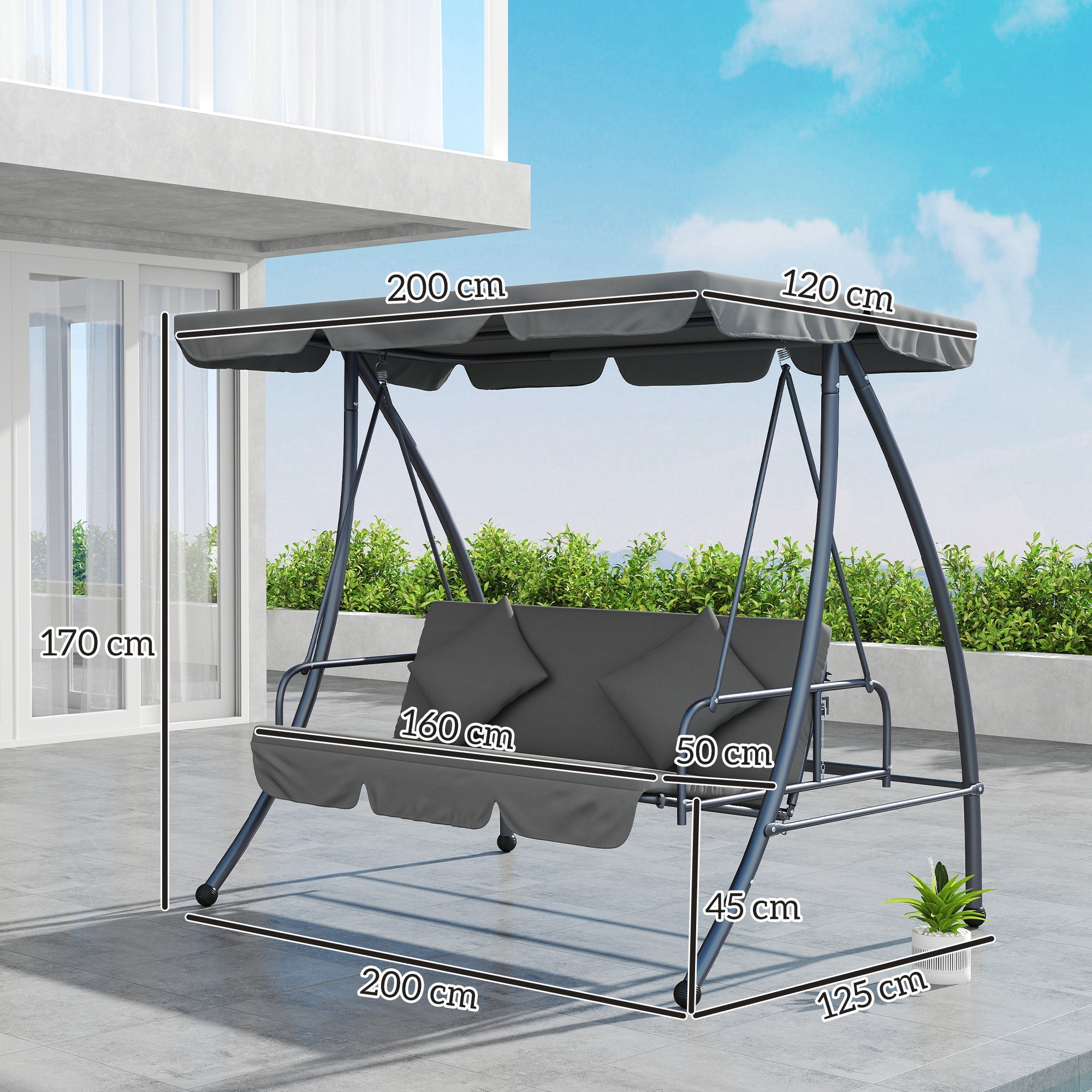Outsunny Outdoor 2-in-1 Swing Chair Lounger 3 Seater Garden Swing Seat Bed Convertible Tilt Canopy W/ Cushion, Light Grey
