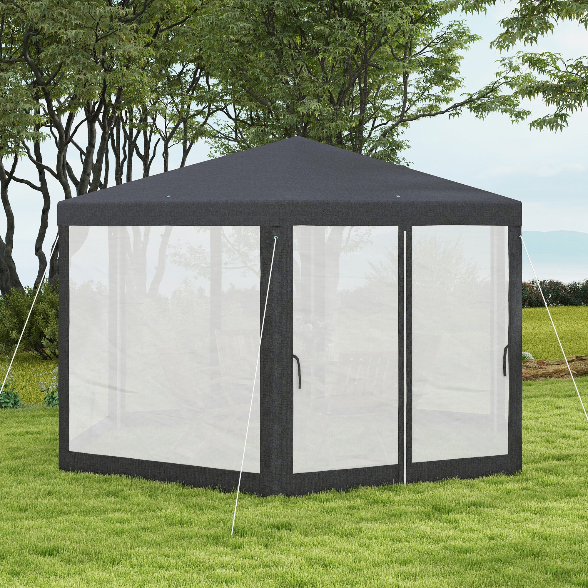 Outsunny 4M Hexagon Gazebo, Netting Party Tent, Patio Canopy Outdoor Event Shelter for Activities, Shade Resistant, Dark Grey