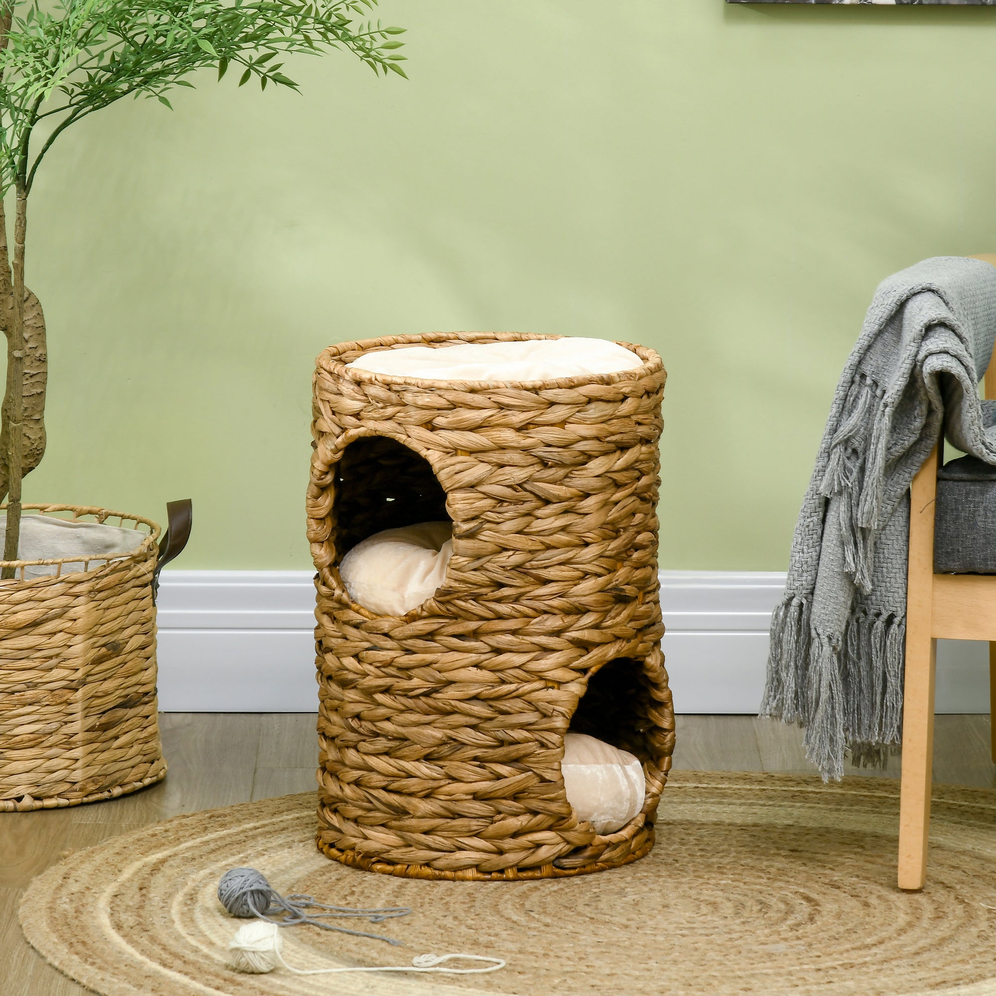 PawHut 47cm Cat Barrel Tree for Indoor Cats with 2 Condos, Kitten Tower with Cushion - Light Brown