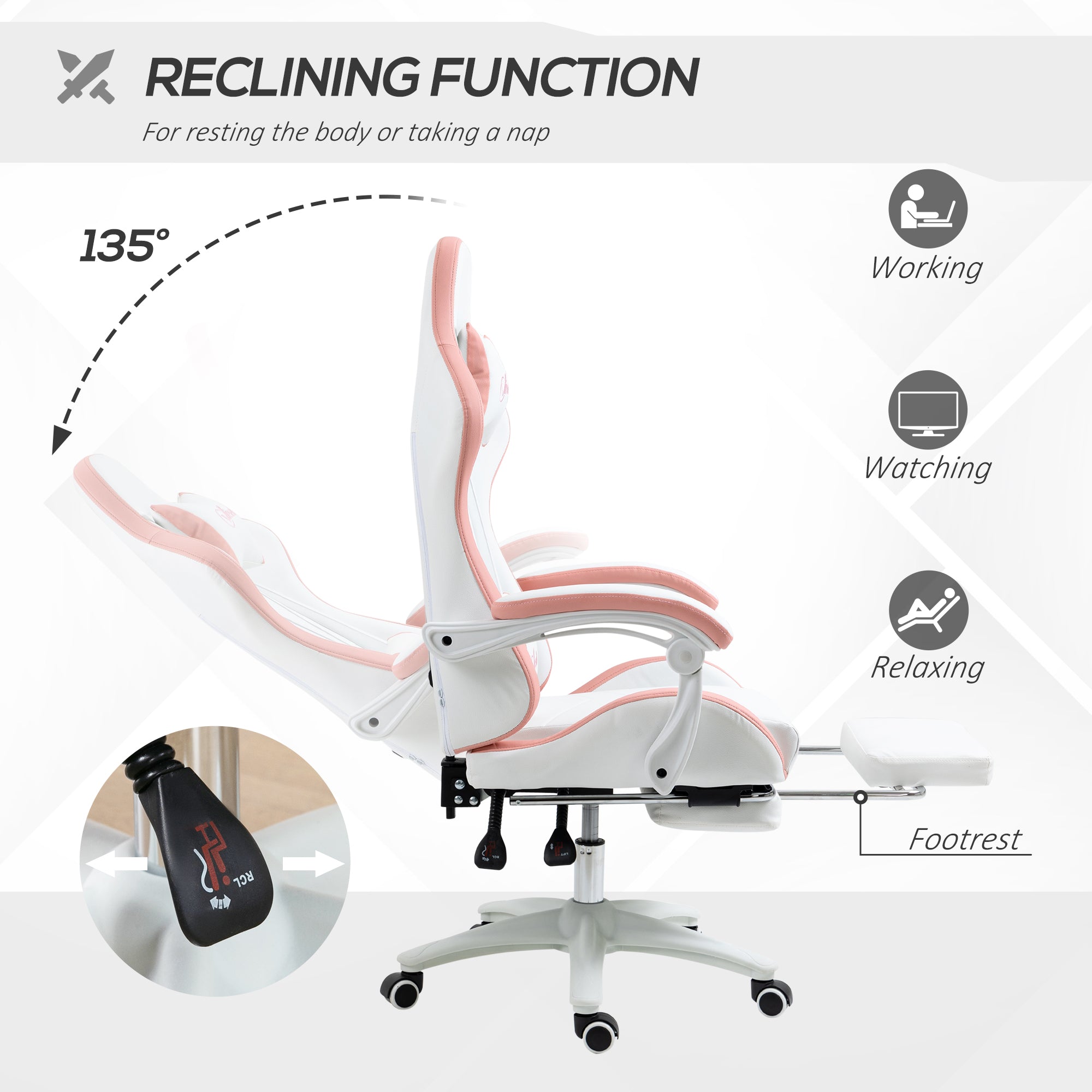 Vinsetto Computer Gaming Chair, PU Leather Desk Chair with Footrest, Swivel Task Chair with 135\'c2\'b0 Reclining Back and Lumbar Support, PC Chair for Adults, White and Pink