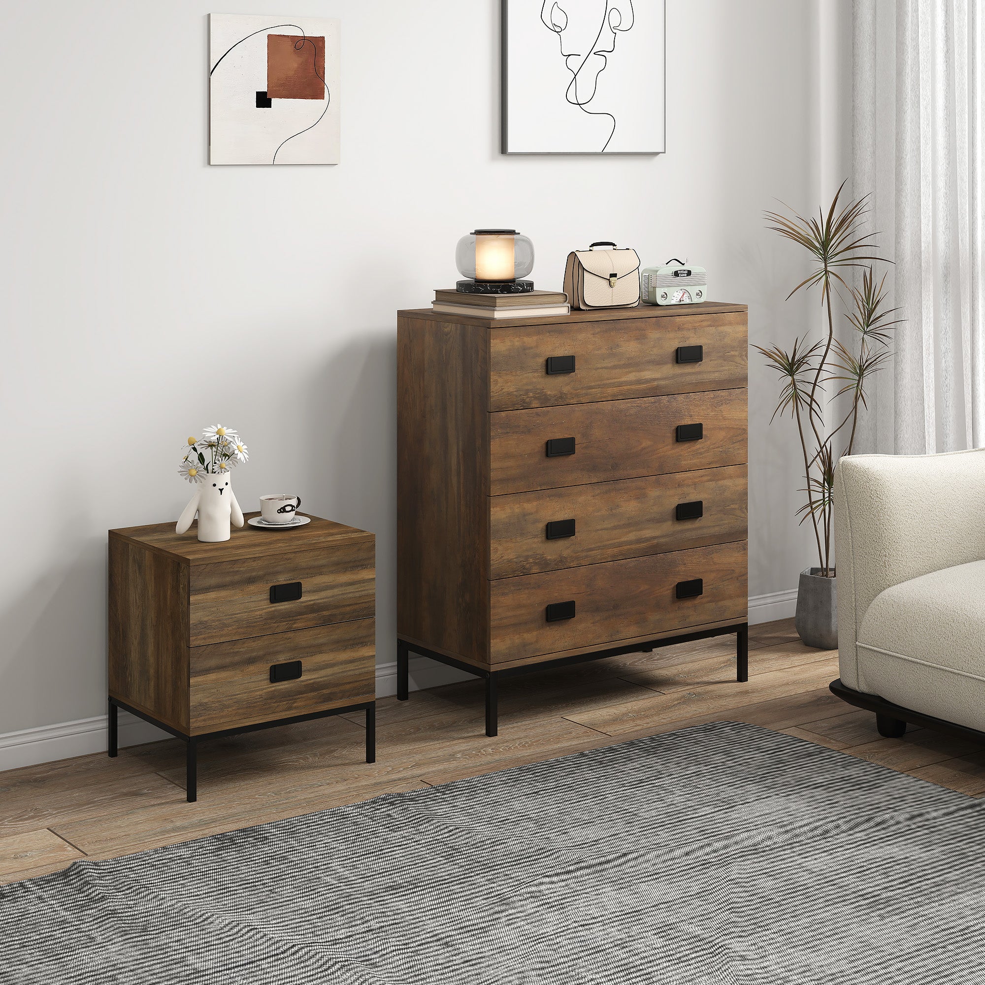 HOMCOM Chest of Drawers, Bedside Table Set with Drawers, Coffee