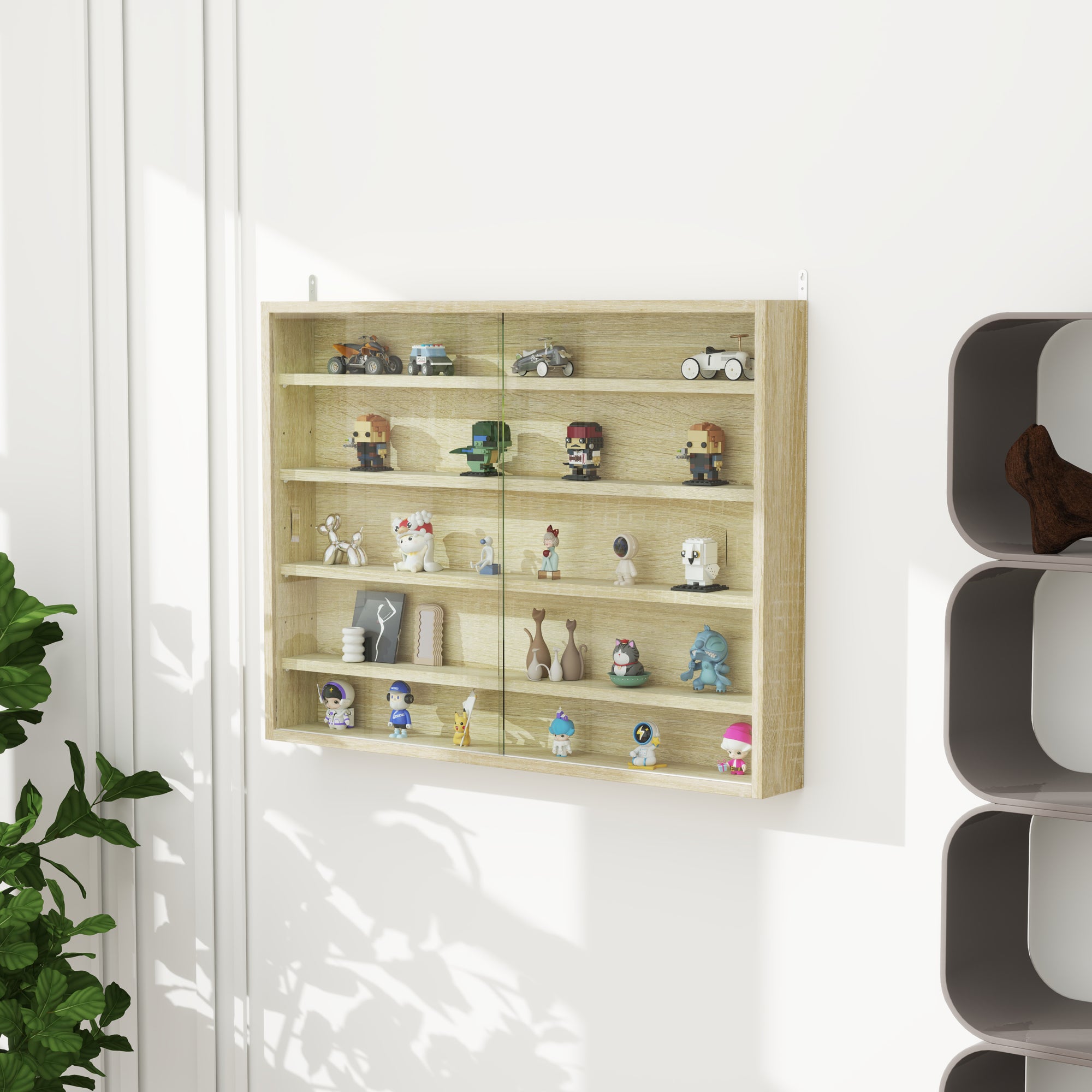 HOMCOM 5-Tier Wall Display Shelf Unit Cabinet w/ 4 Adjustable Shelves Glass Doors Home Office Ornaments 60x80cm Oak