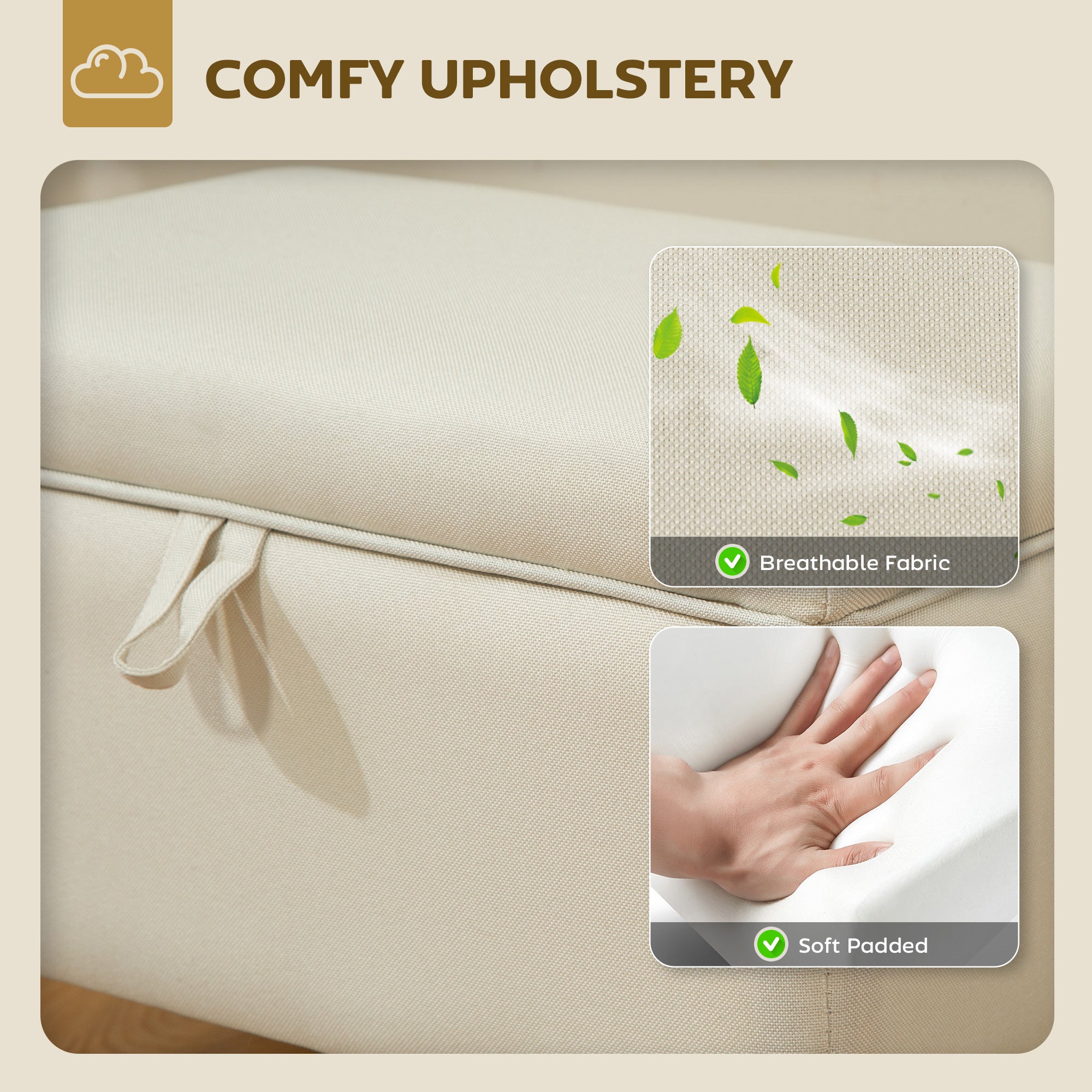 HOMCOM 16L Linen Storage Ottoman Padded Footstool with Rubberwood Legs for Storage Box, Bed End, Shoe Bench, Seating, Beige