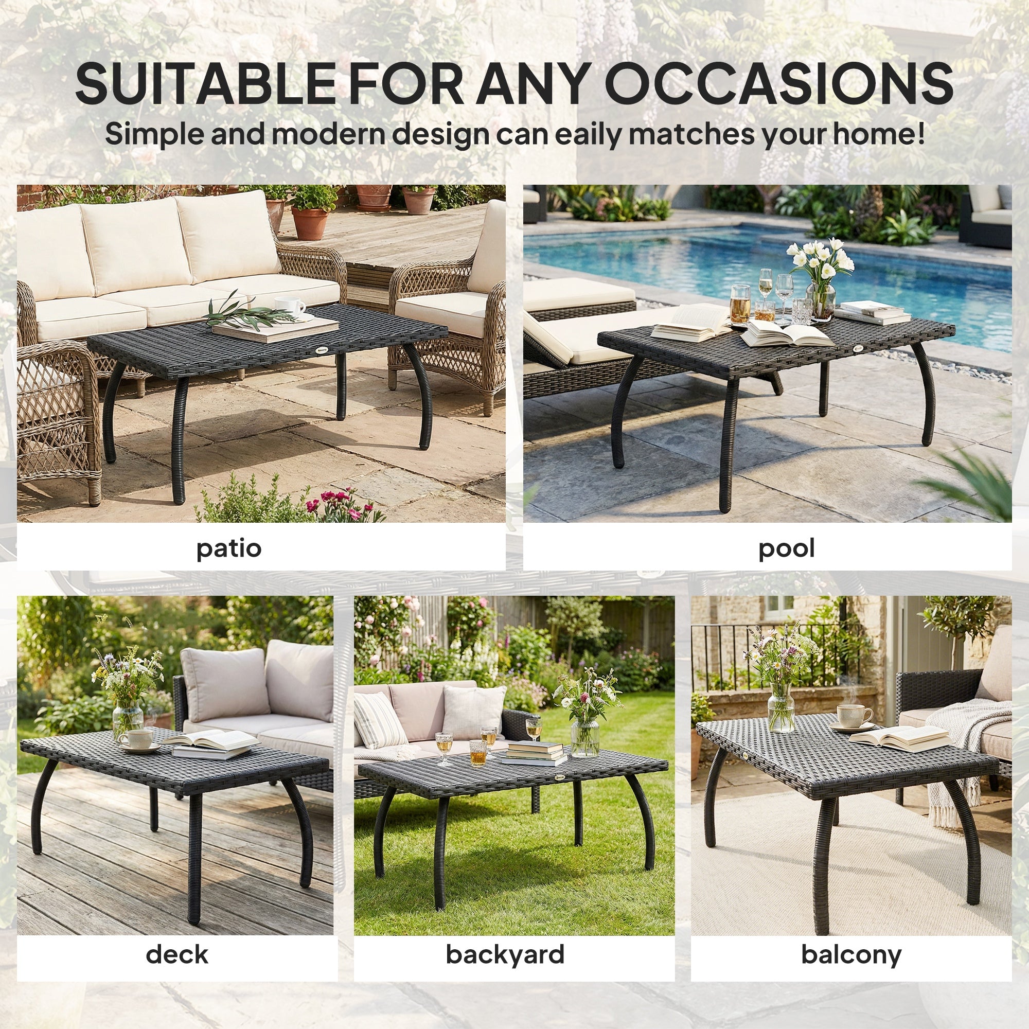 Outsunny PE Wicker Rattan Garden Coffee Table - Black