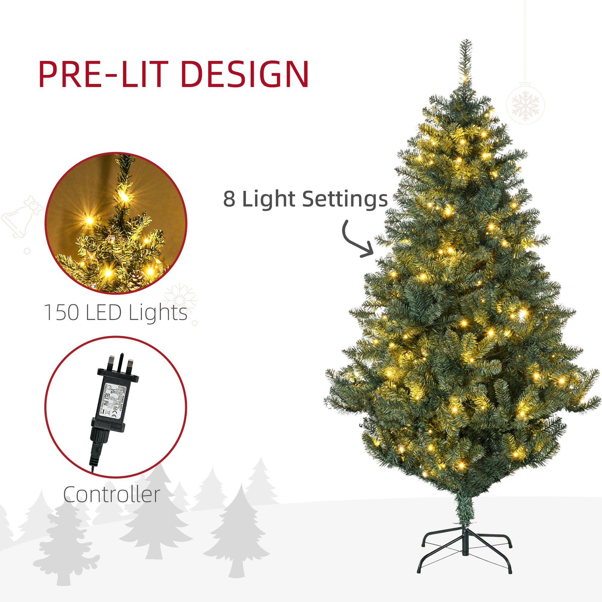 HOMCOM 6' Artificial Prelit Christmas Trees Holiday D\'c3\'a9cor with Warm White LED Lights, Decoration, Banner, Tag, Ball