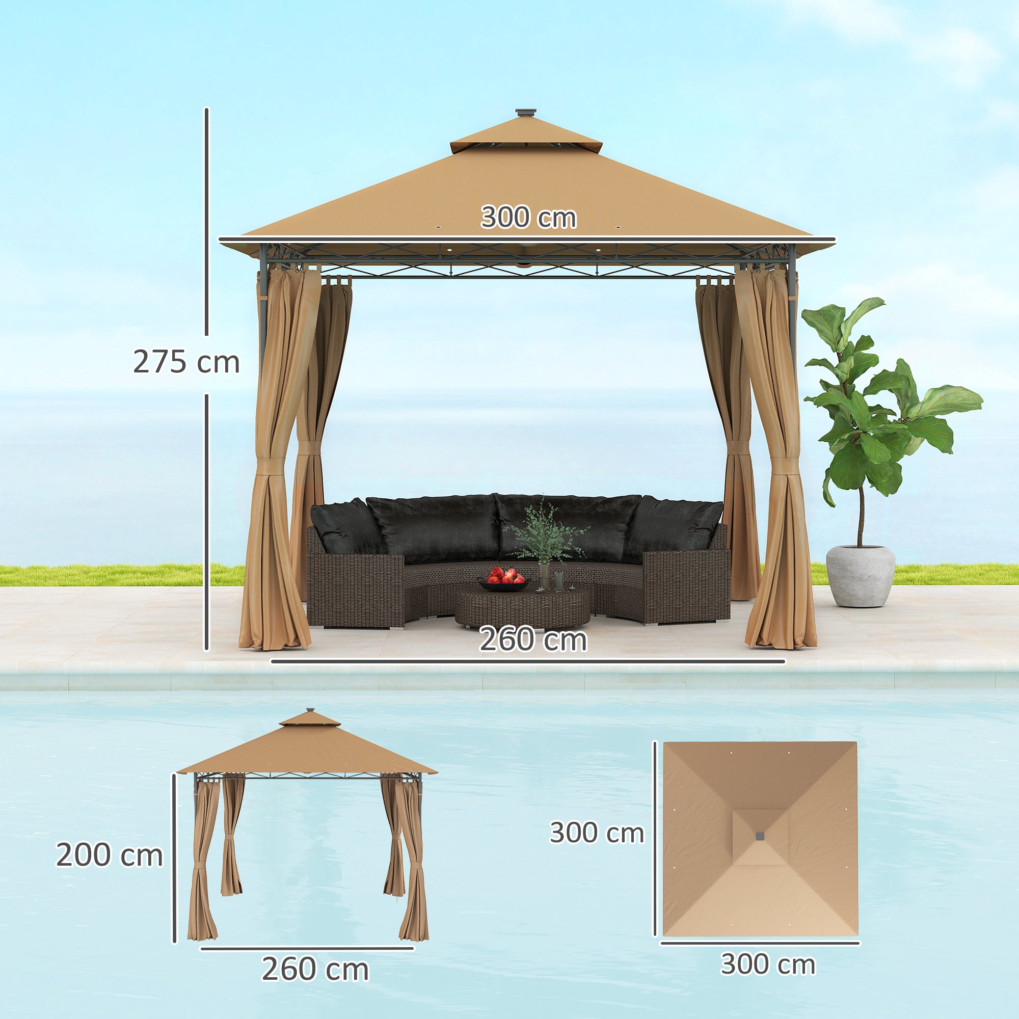 Outsunny 3 x 3 m Garden Gazebo, Double Roof Metal Gazebo with Curtains and Solar-Powered LED Lights, Outdoor Gazebo Canopy Shelter for Patio, Deck, Brown