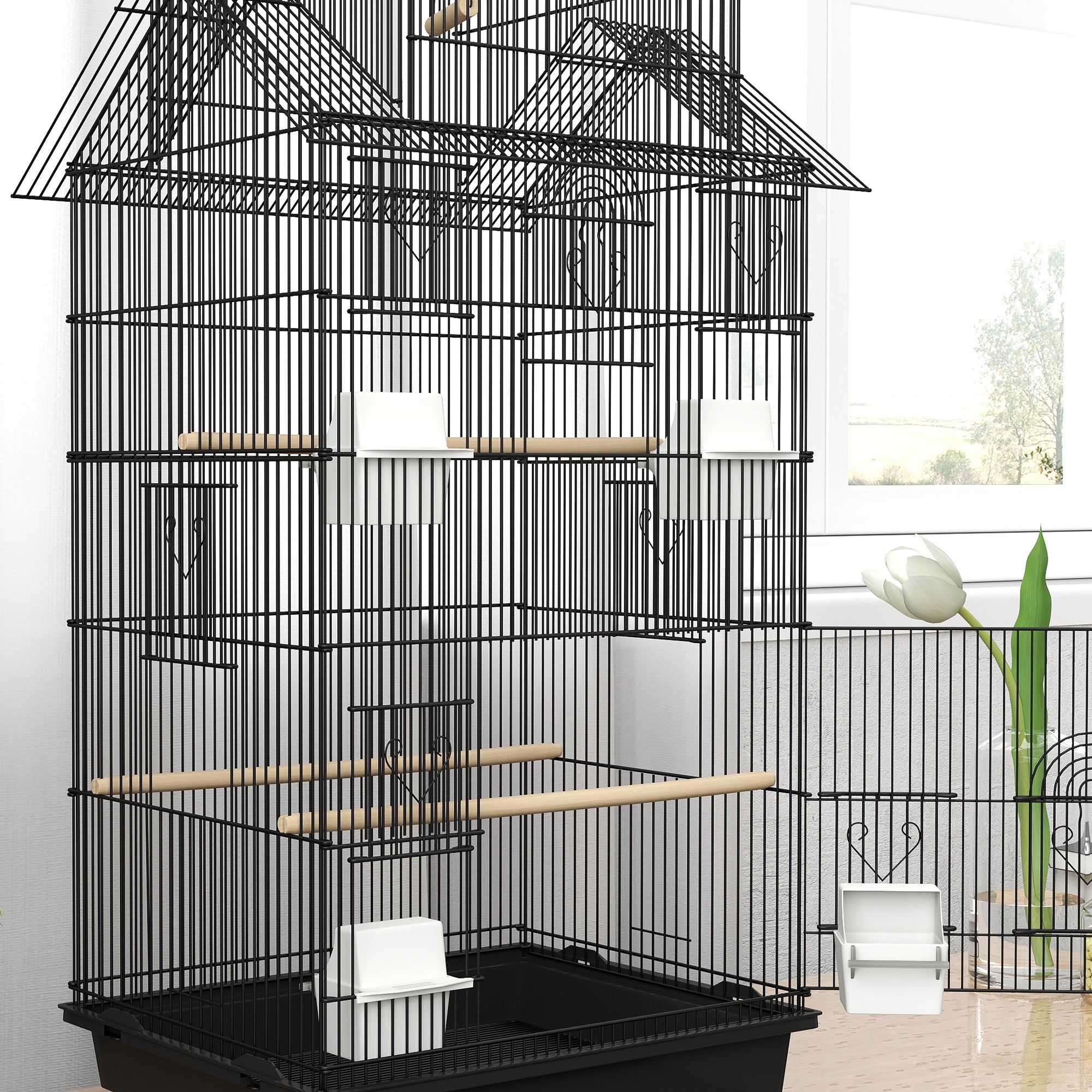 PawHut Metal Bird Cage with Plastic Swing, Perch, Food Container, Tray, Handle, for Finches, Canaries, 43 x 32.5 x 104cm