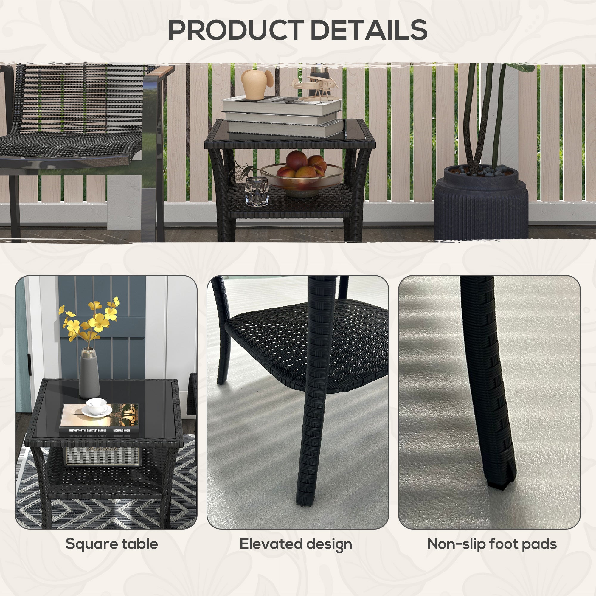 Outsunny Two-tier PE Rattan Square Coffee Table - Black