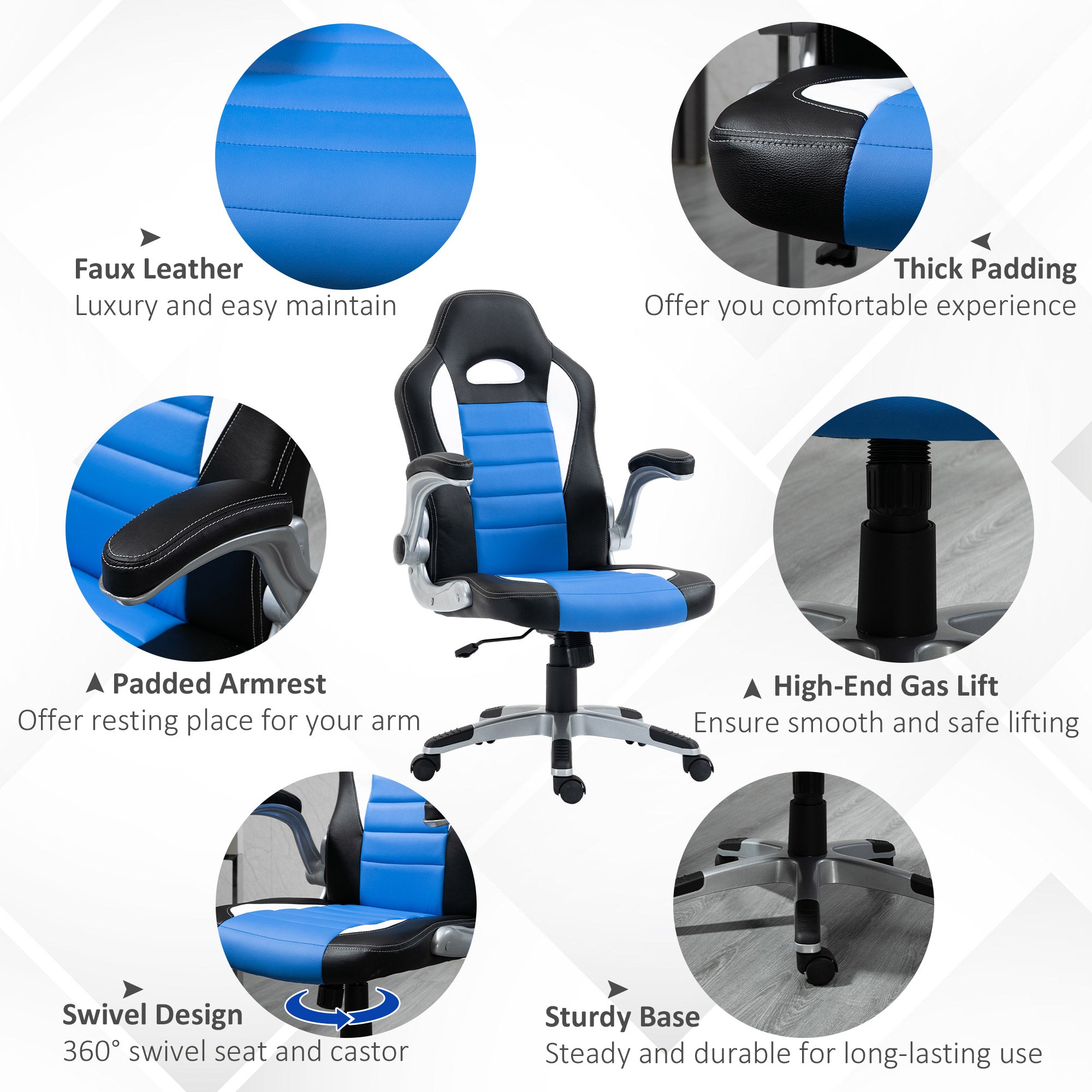 HOMCOM Computer Gaming Chair, Office Desk Swivel Chair, PU Leather Racing Chair with 90\'c2\'b0 Flip-up Armrest, Adjustable Height and Rolling Wheels, Blue