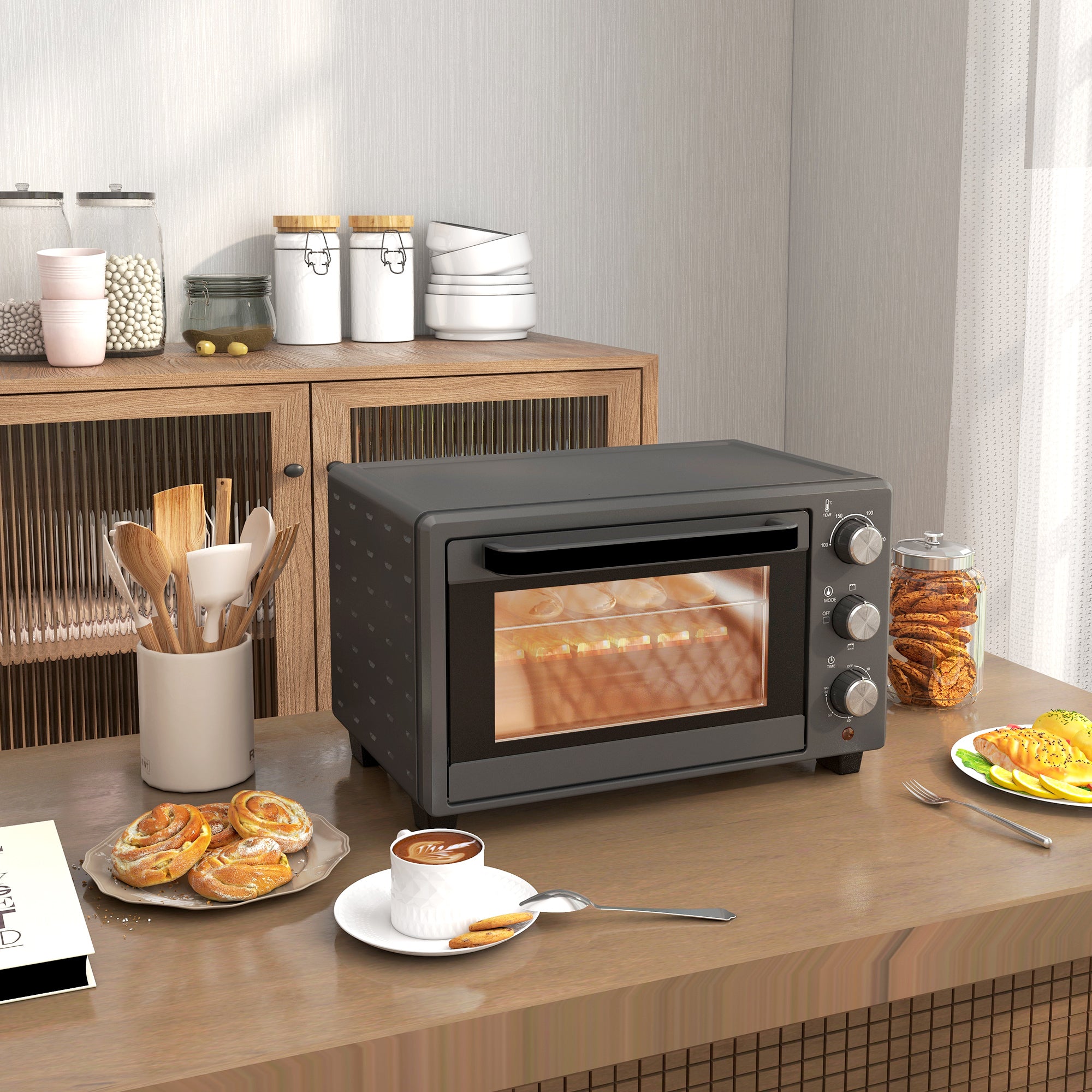 HOMCOM 21L Mini Countertop Oven, 100\'c2\'b0C-230\'c2\'b0C Adjustable Temp - Grey