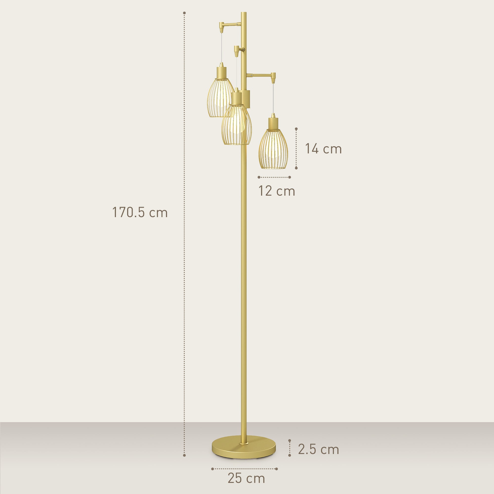 HOMCOM 3-Light Floor Lamp, 170cm Industrial Dimmable Standing Lamp with Steel Wire Cage Lampshades for Living Room, Bedroom, Dining Room, Study, Gold Tone