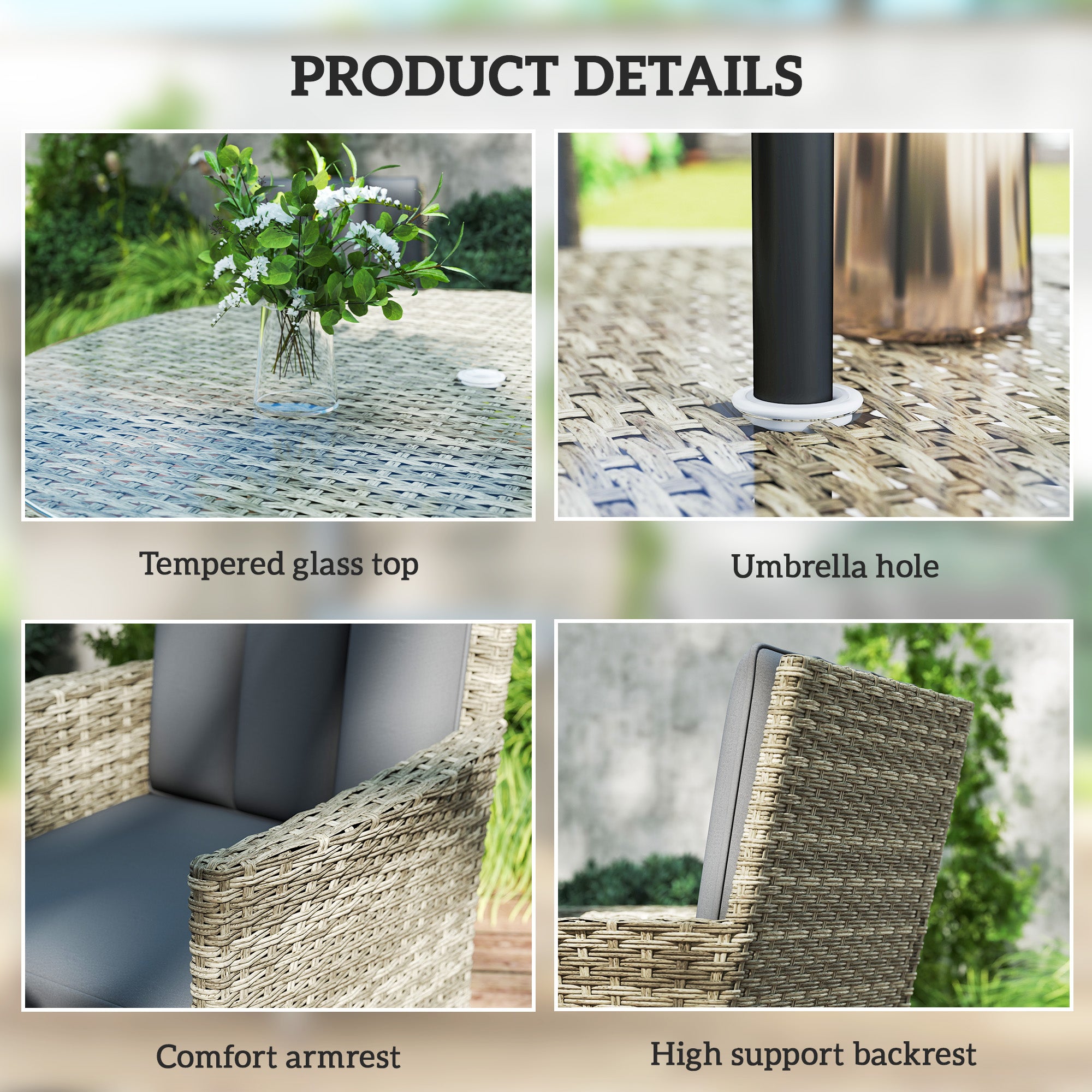 Outsunny Seven-Piece Rattan Dining Table, with Round Glass-Top Table - Light Grey