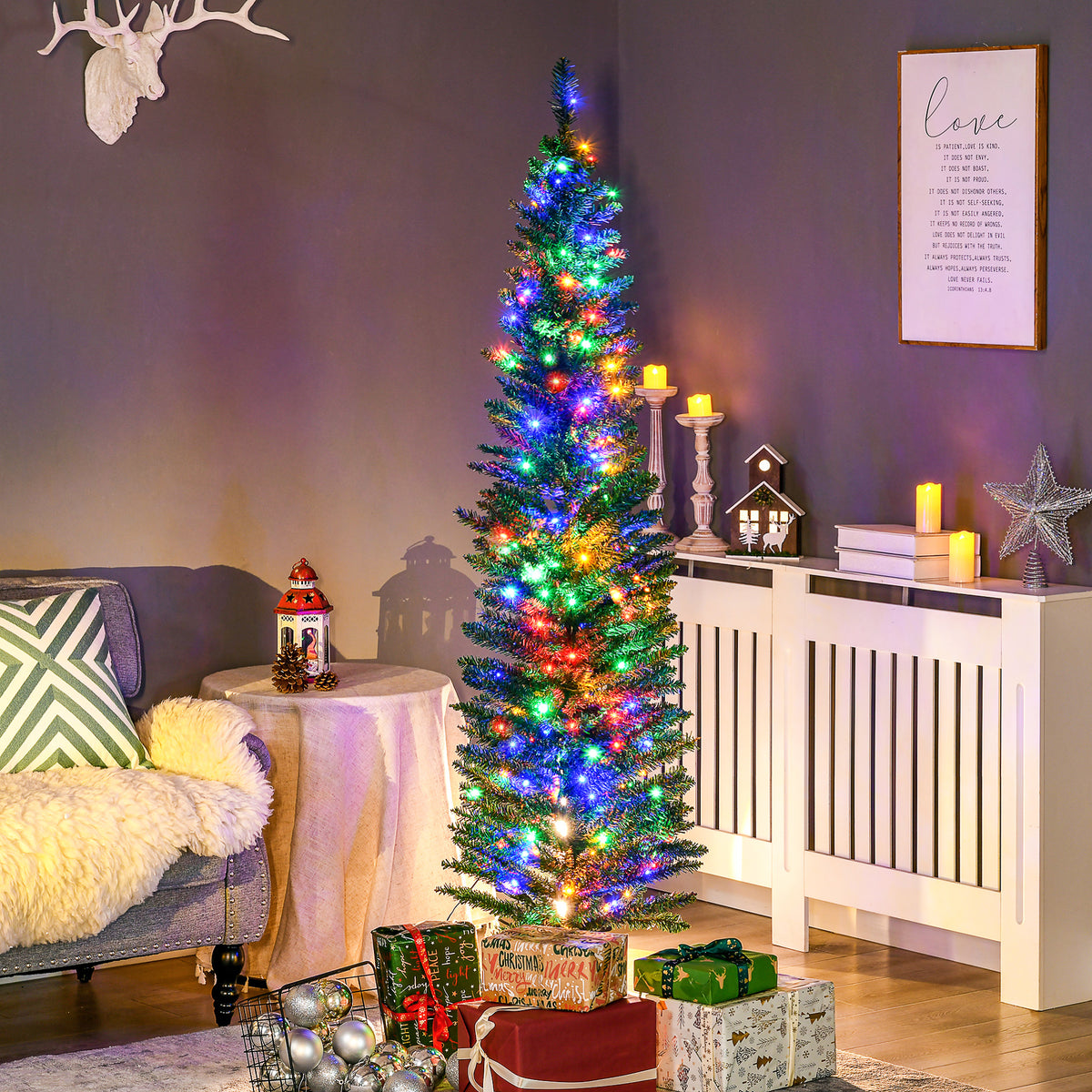 HOMCOM 6' Artificial Prelit Christmas Trees Holiday D\'c3\'a9cor with Colourful LED Lights, Pencil Shape, Steel Base