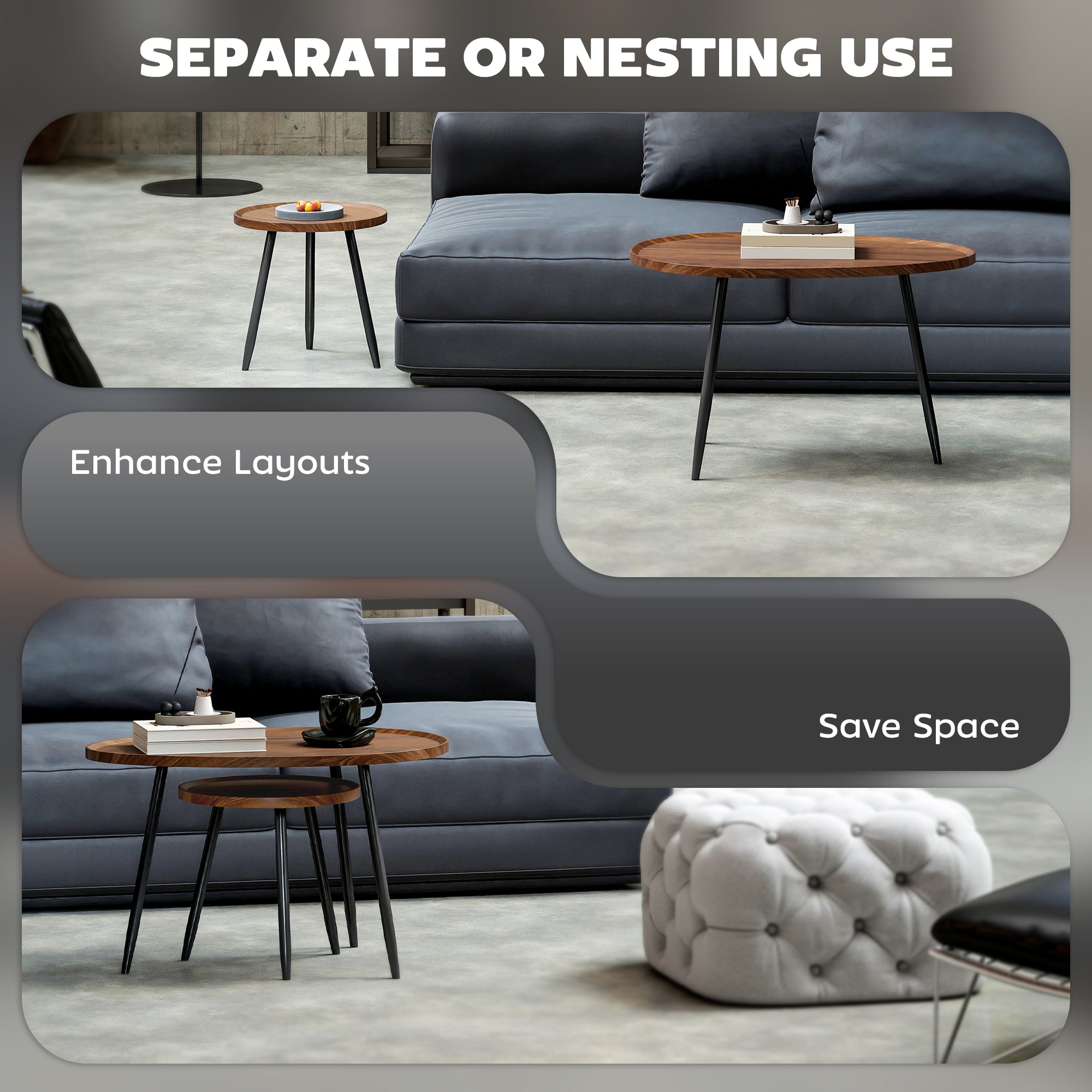 HOMCOM Nesting Coffee Table Set of 2, 80cm Modern Stacking End Side Table with Metal Legs for Living Room Bedroom Office, Chestnut Wood Effect