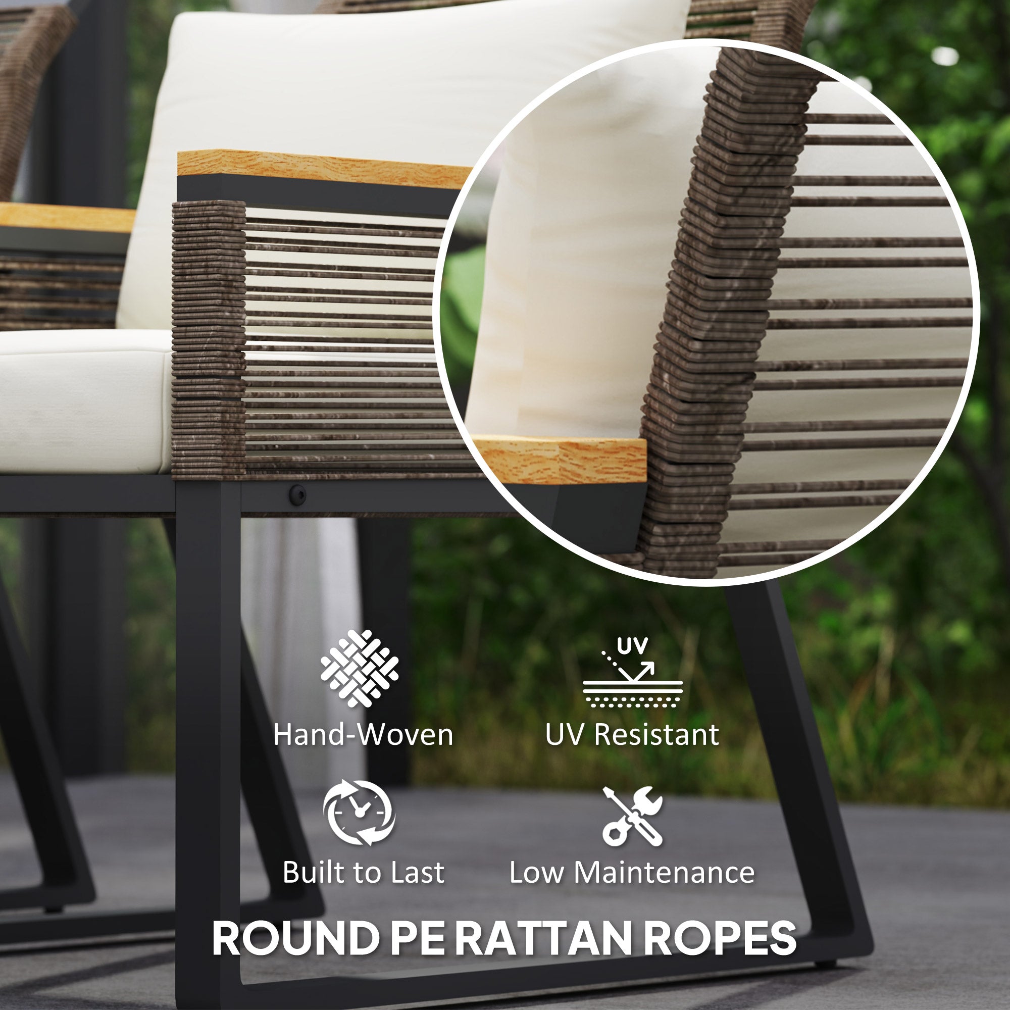 Outsunny Four Piece Wicker Rope Garden Furniture Set with Glass Top Coffee Table - Grey