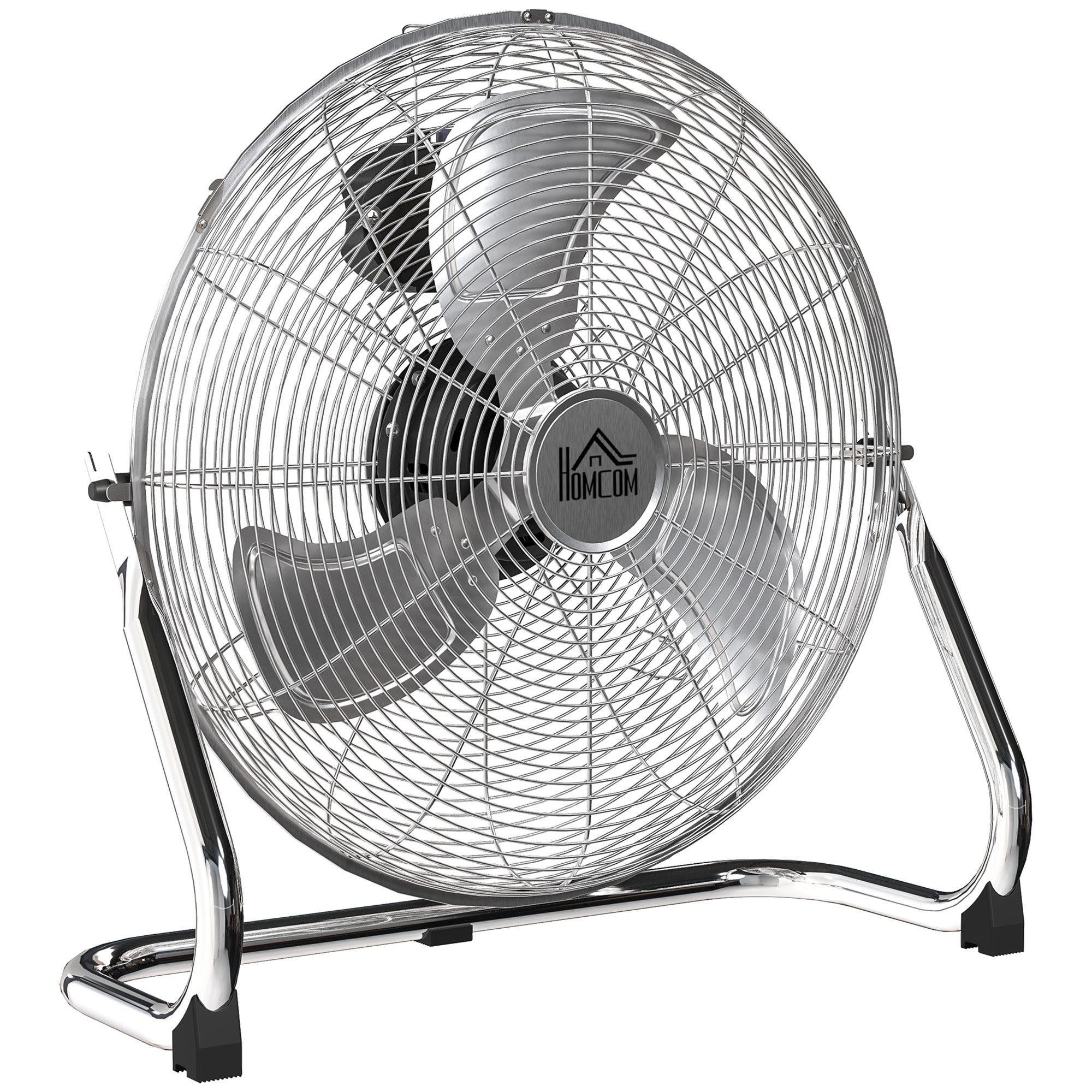 HOMCOM 20 Inches Chrome Metal Floor Fan, High Power 3-Speed Home Gym with Adjustable Head, Portable Desk & Table Fan for Home Office, Powerful Airflow, Quiet Operation