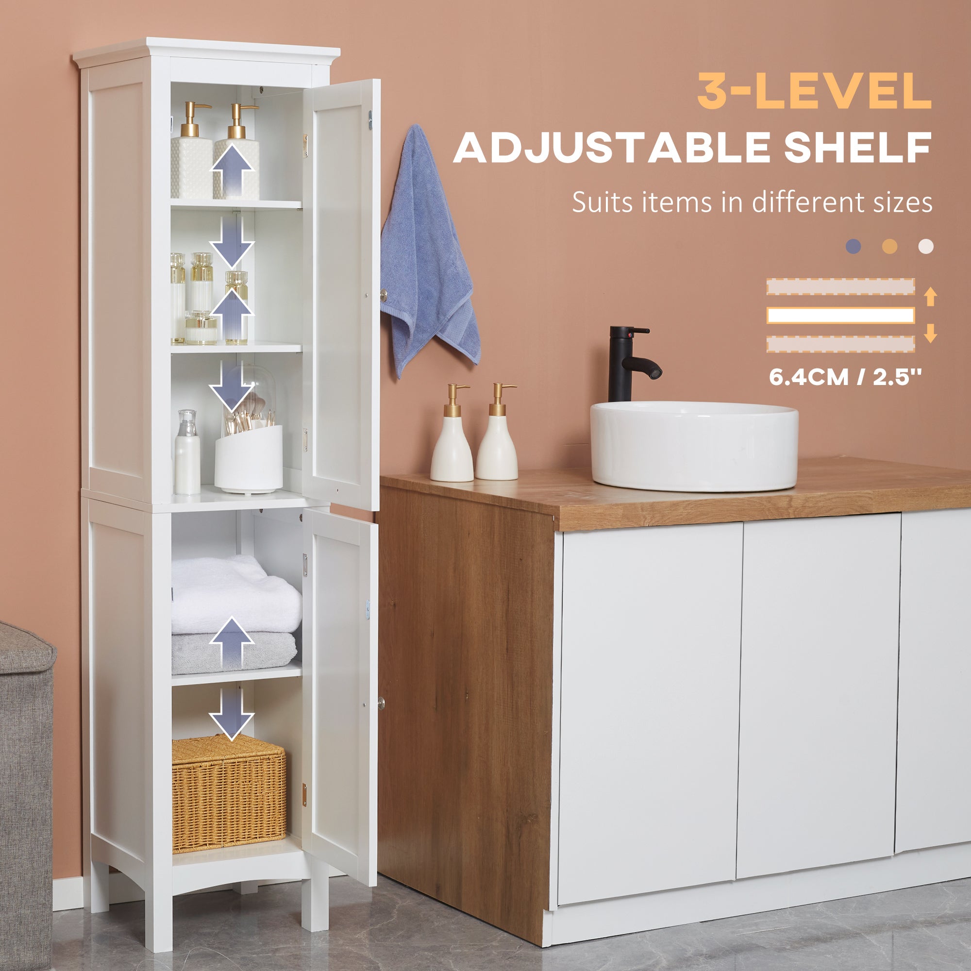 kleankin Tall Bathroom Storage Unit, Slim Bathroom Cabinet with Adjustable Shelves and Double Door, White