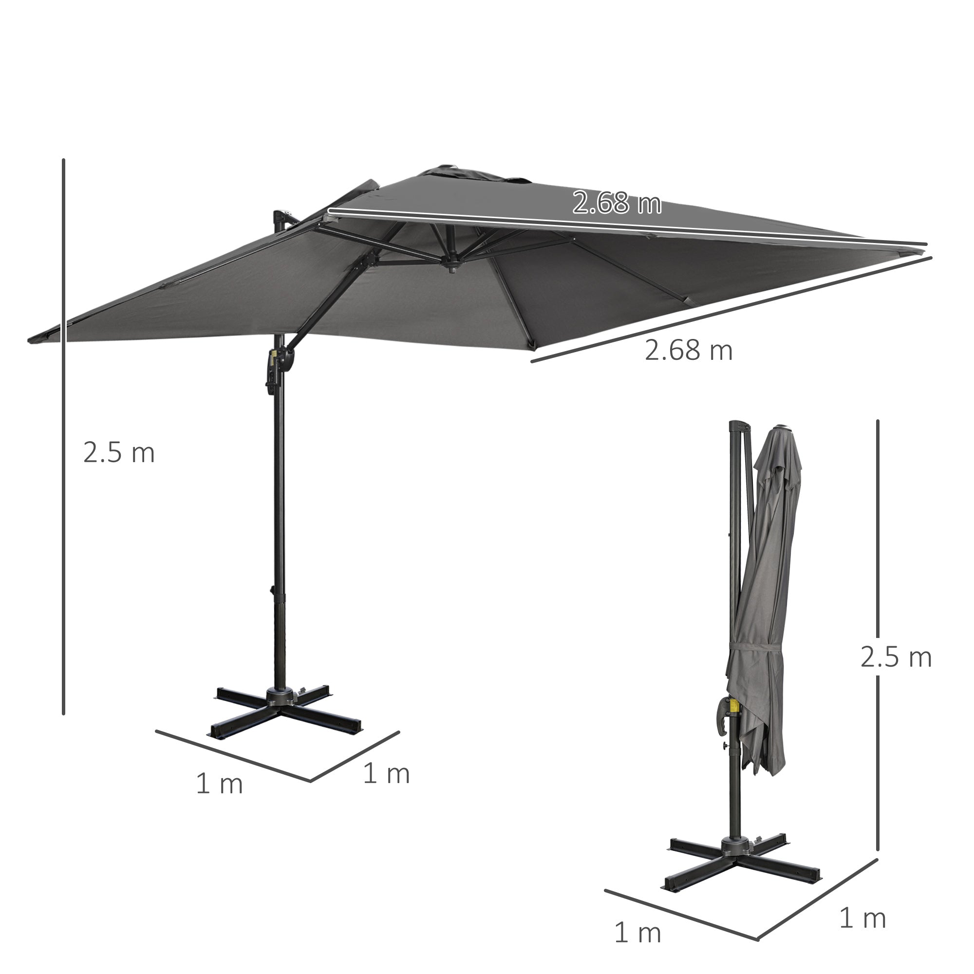 Outsunny 2.7 x 2.7 m Cantilever Parasol, Square Overhanging Umbrella with Cross Base, Crank Handle, Tilt, 360\'c2\'b0 Rotation and Aluminium Frame, Dark Grey