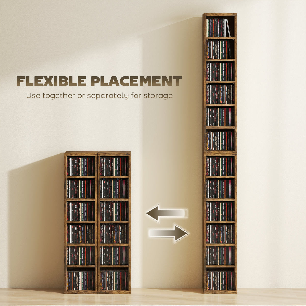 HOMCOM Set of 2 CD Media Display Shelf Unit Tower Rack with Adjustable Shelves, Rustic Brown