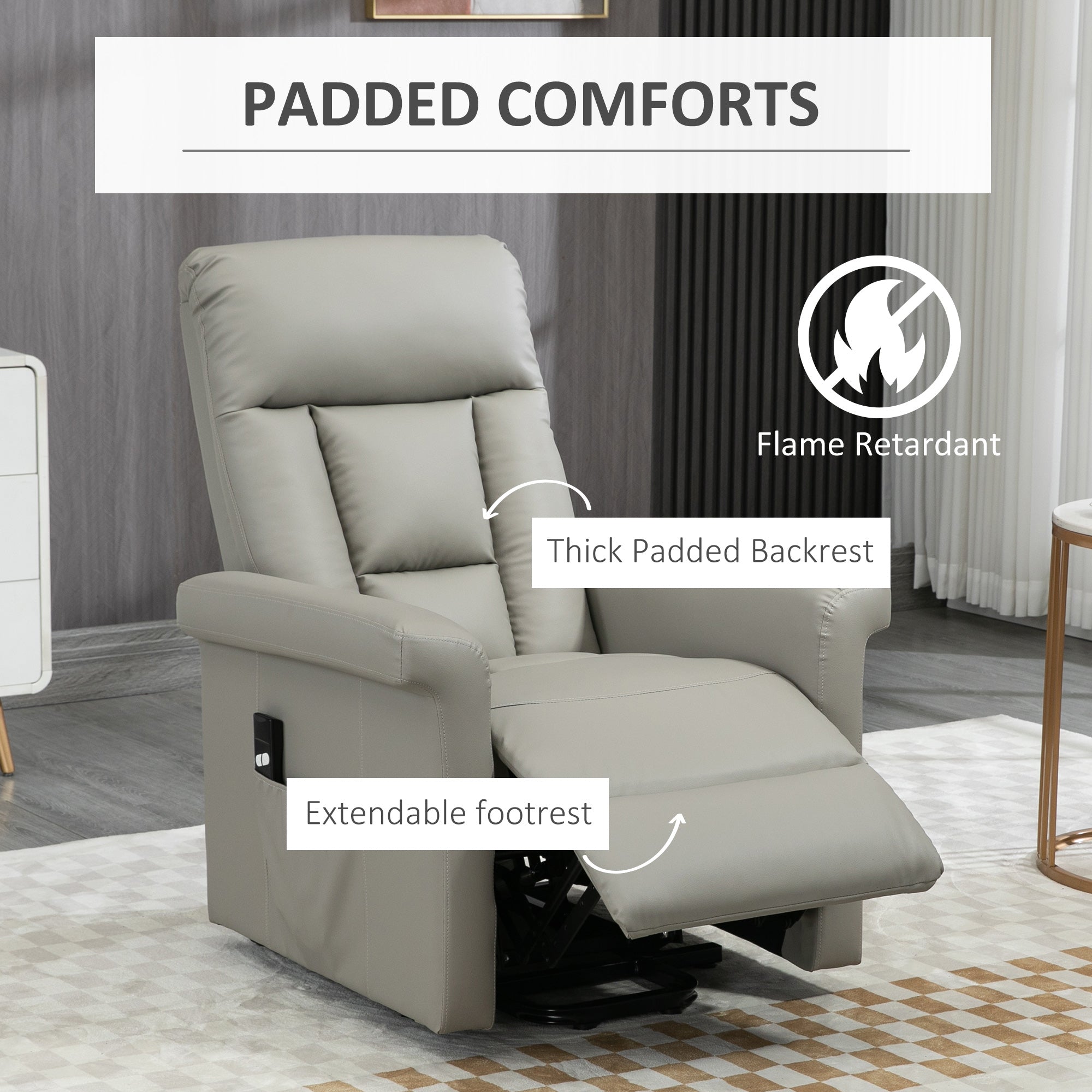 HOMCOM Power Lift Chair, PU Leather Recliner Sofa Chair for Elderly with Remote Control, Side Pocket, Grey