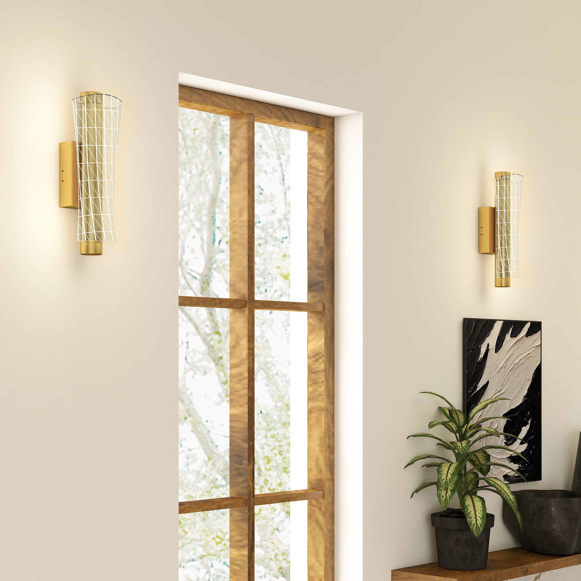 HOMCOM Led Wall Lamp 2 Pack, 9W Modern Indoor Geometric Mesh Wall Light, Colour Temperature Adjustable 3000K/4000K/6500K for Bedroom, Living Room, Hallway, Stairs, Gold Tone