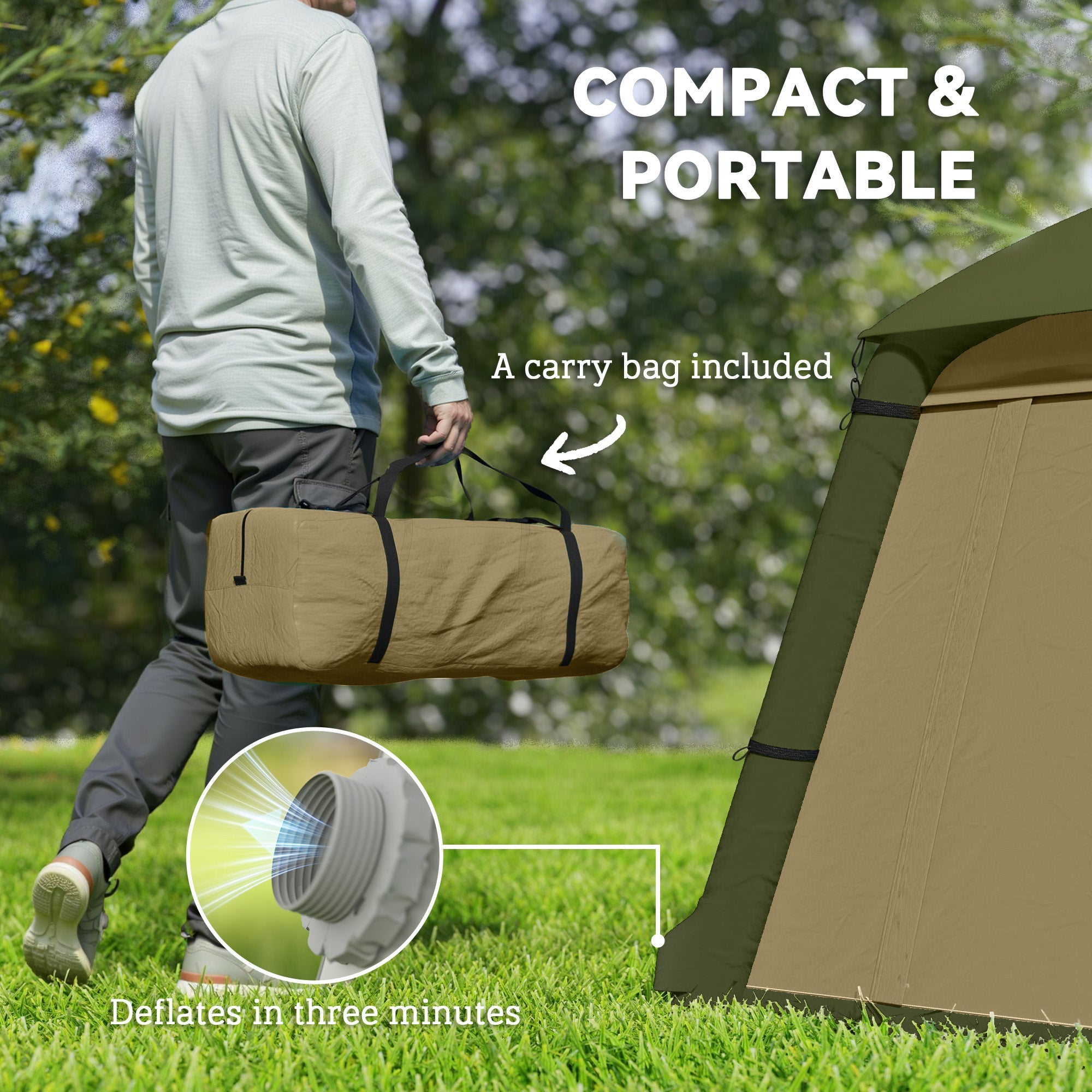 Outsunny Inflatable Camping Tent w/ Hand Pump, Easy Setup 1/2 Person Blow Up Tent Waterproof 190T Taffeta w/ Mesh Windows, Doors and Carry Bag, Brown