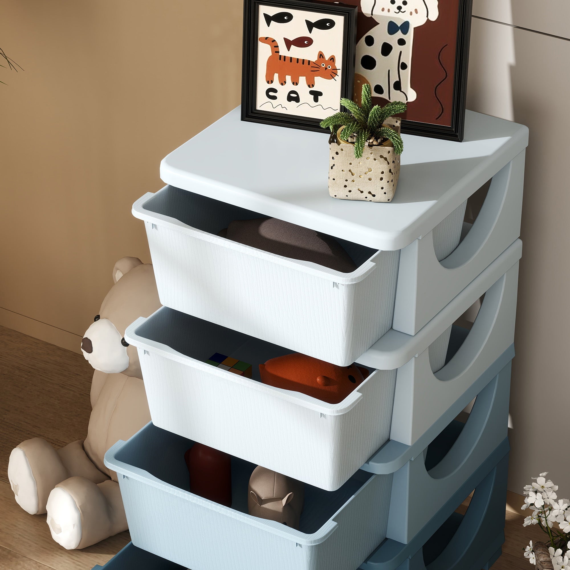 HOMCOM Four-Tier Kids Storage Boxes, with Four Drawers - Blue