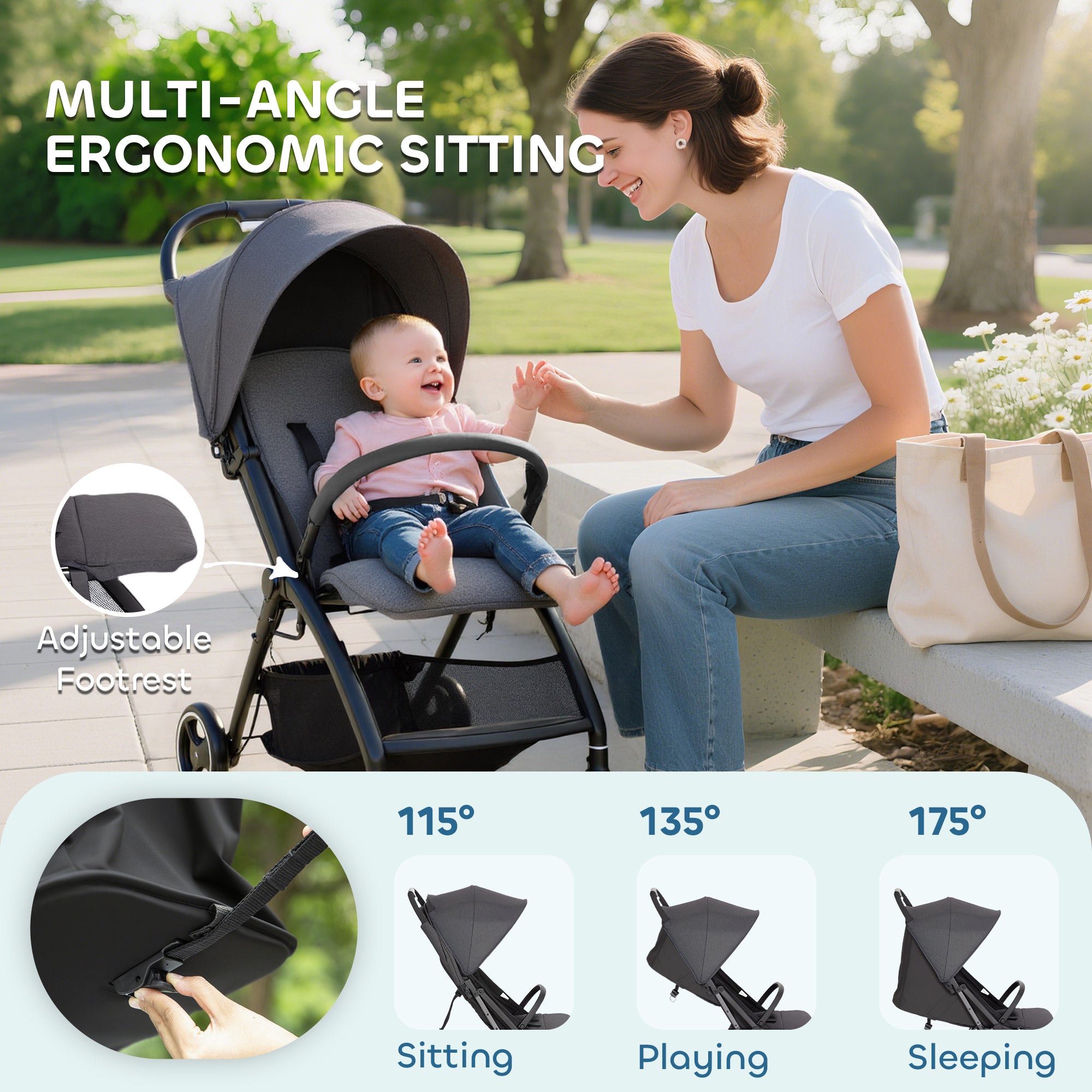 AIYAPLAY Travel Stroller, Lightweight Pushchair, Compact Buggy with Canopy, Basket and Multi-Position Recline, Dark Grey