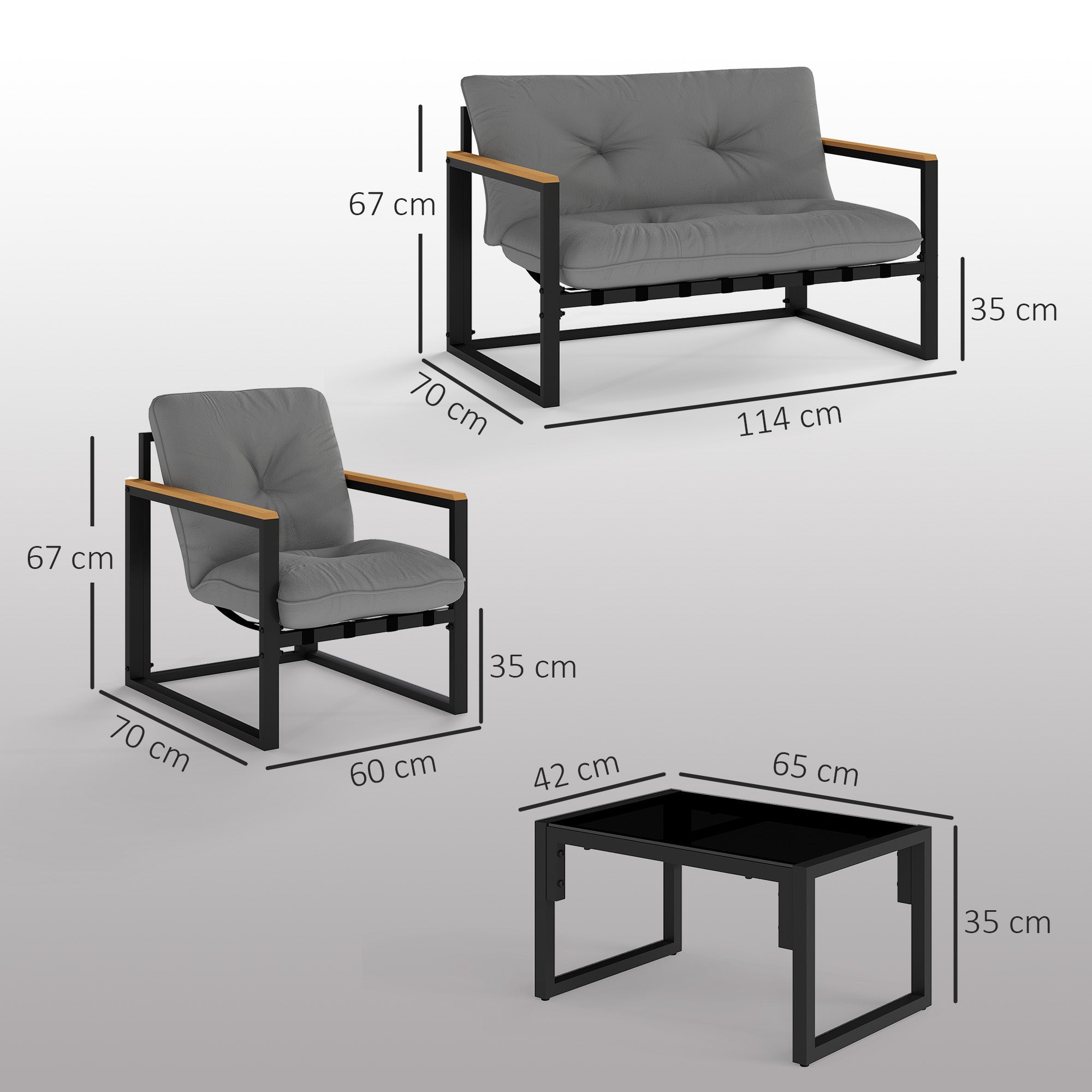 Outsunny Garden Furniture Set, 4 Piece Indoor Outdoor Conservatory with Loveseat Sofa, Armchairs, Glass Top Coffee Table, Cushions for Balcony, Poolside, Patio, Light Grey