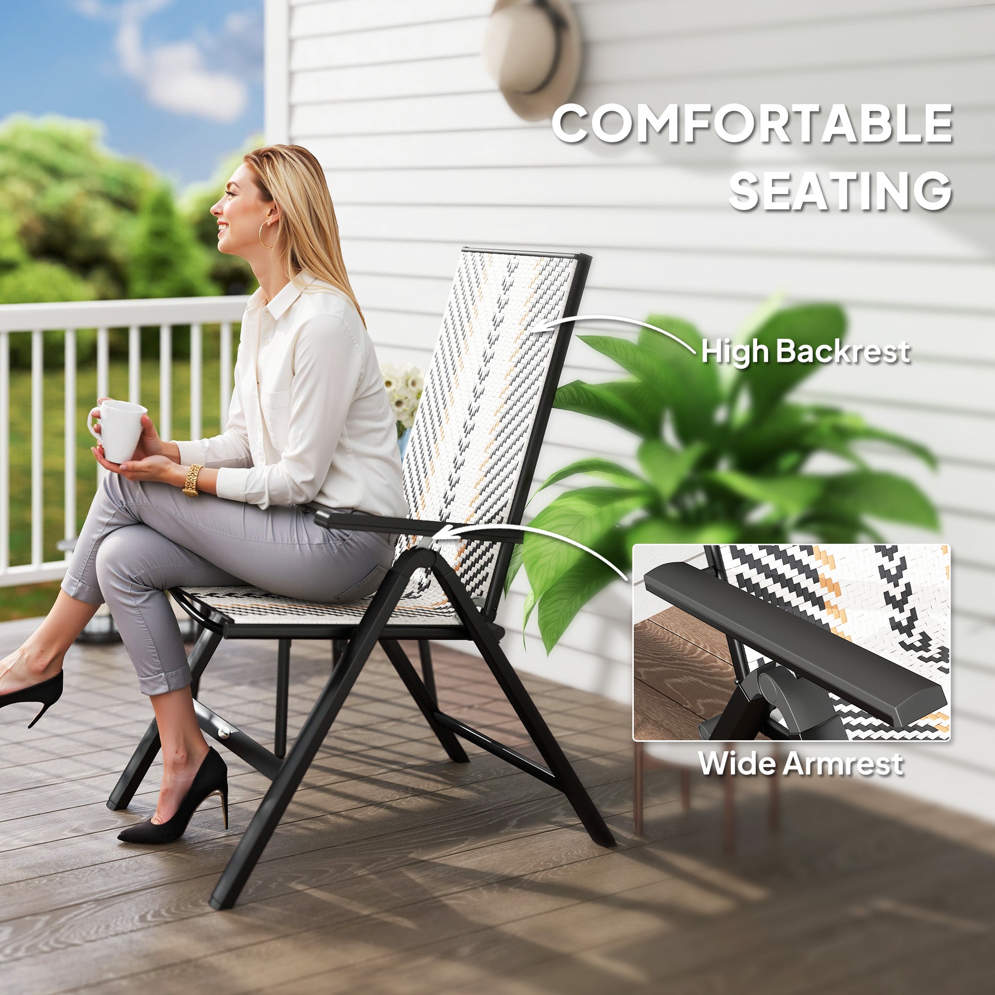 Outsunny Outdoor Rattan Folding Chair with 5-Position Adjustable Backrest, Wicker Garden Dining Chair with Wide Armrest, Set of 2 for Patio, Terrace, Balcony, Black