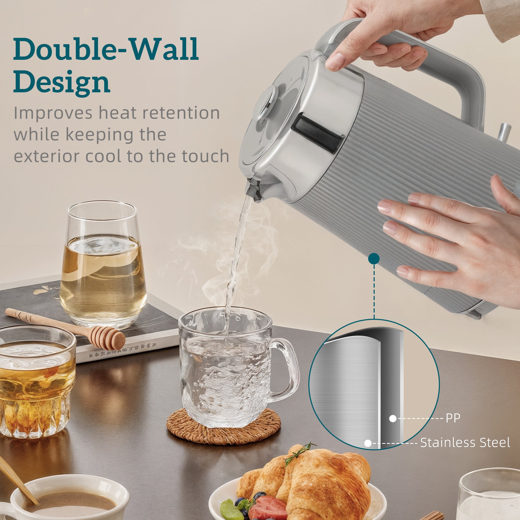 HOMCOM Electric Stainless Steel Kettle and Toaster Set, 3000W 1.7L UK Strix Thermostat Fast Boil Kettle w/ Limescale Filter, Cool Touch Body, 4 Slice Toaster with 7 Browning Levels, Crumb Tray, Tan