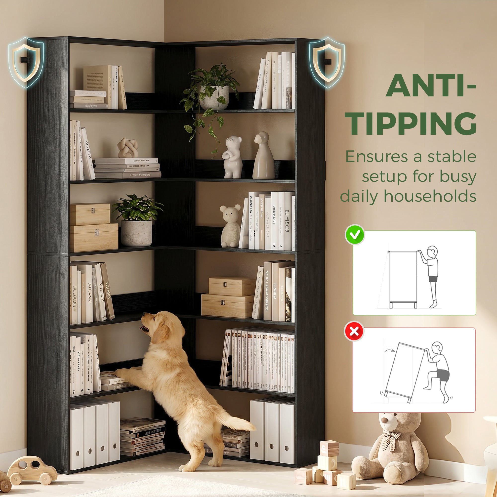 HOMCOM 7 Tiers Bookshelf, L-Shaped Corner Bookcase with Anti-Slip Rear Guard, Black Wood Effect