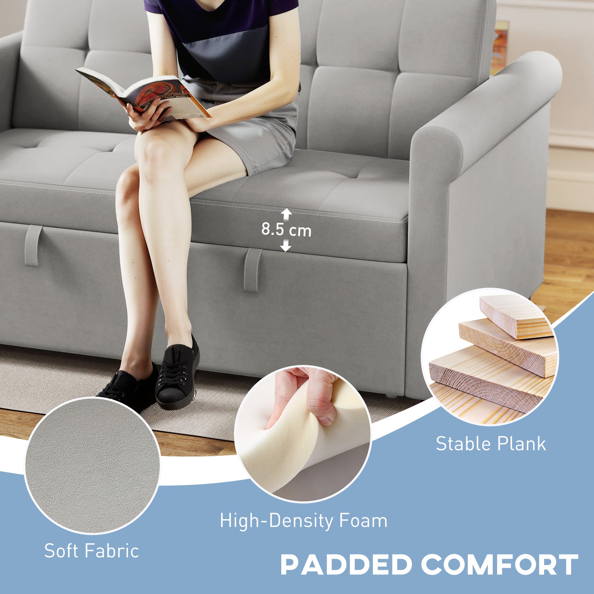 HOMCOM Two-Seater Velvet-Feel Sofa Bed - Grey