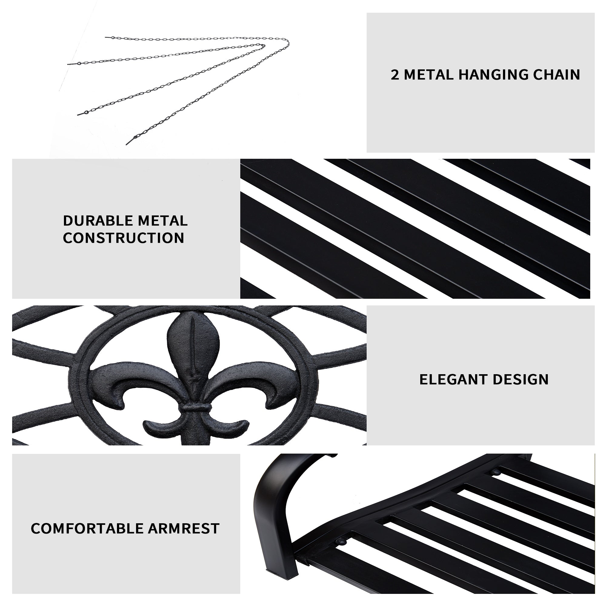 2 Seater Swing Seat Bench, Metal Garden Swing Chair with Chains, Weather Resistant, for the Patio, Yard, Deck and Yard, Black