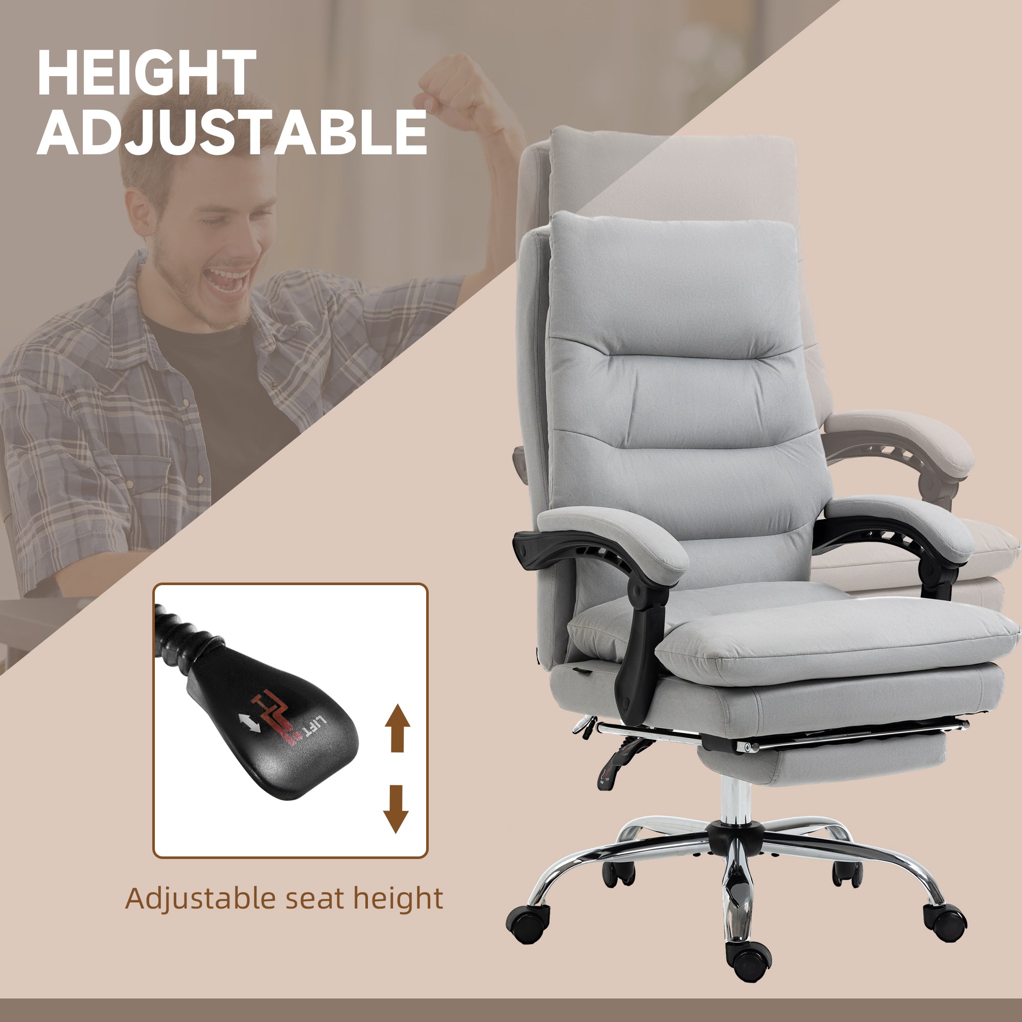 Vinsetto Office Chair, Ergonomic Desk Chair with 6-Point Vibration Massage and Back Heating, Microfibre Computer Gaming Chair with 135\'c2\'b0 Reclining Back and Footrest, Grey