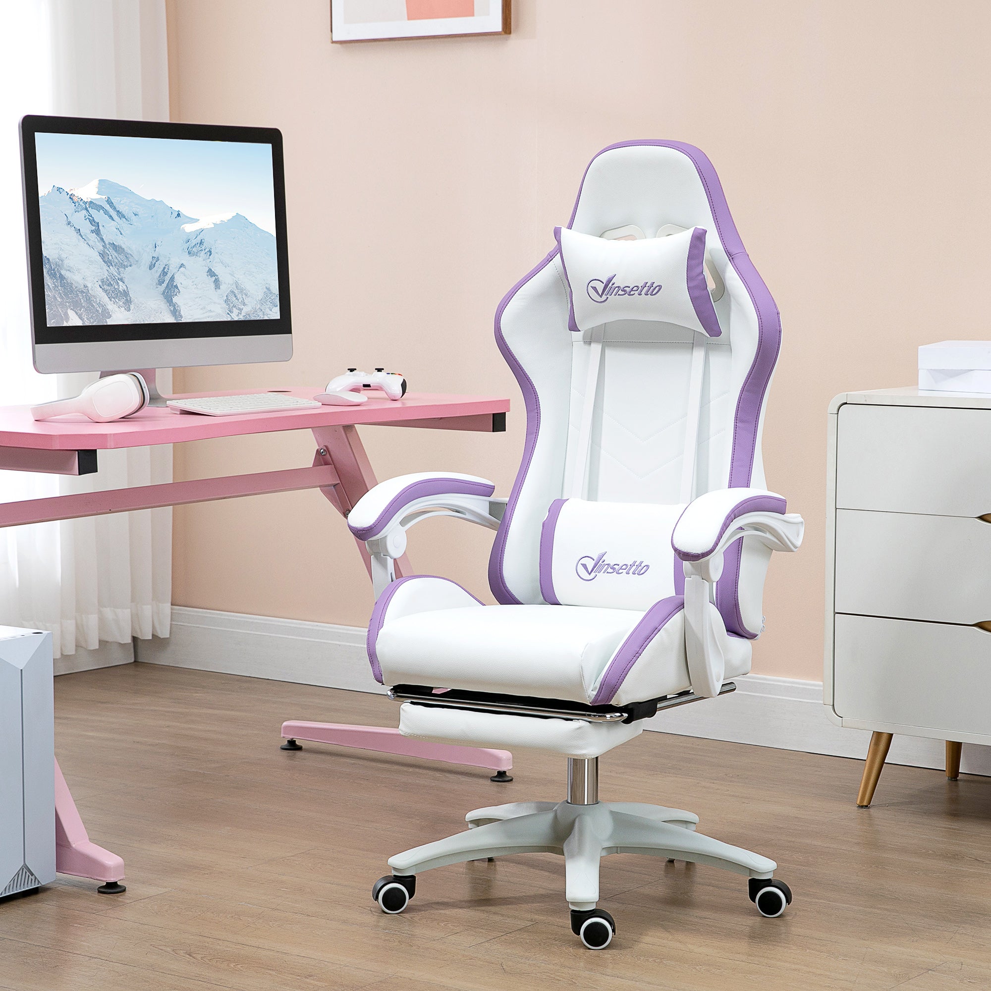 Vinsetto Computer Gaming Chair, PU Leather Desk Chair with Footrest, Swivel Task Chair with 135\'c2\'b0 Reclining Back and Lumbar Support, PC Chair for Adults, White and Purple
