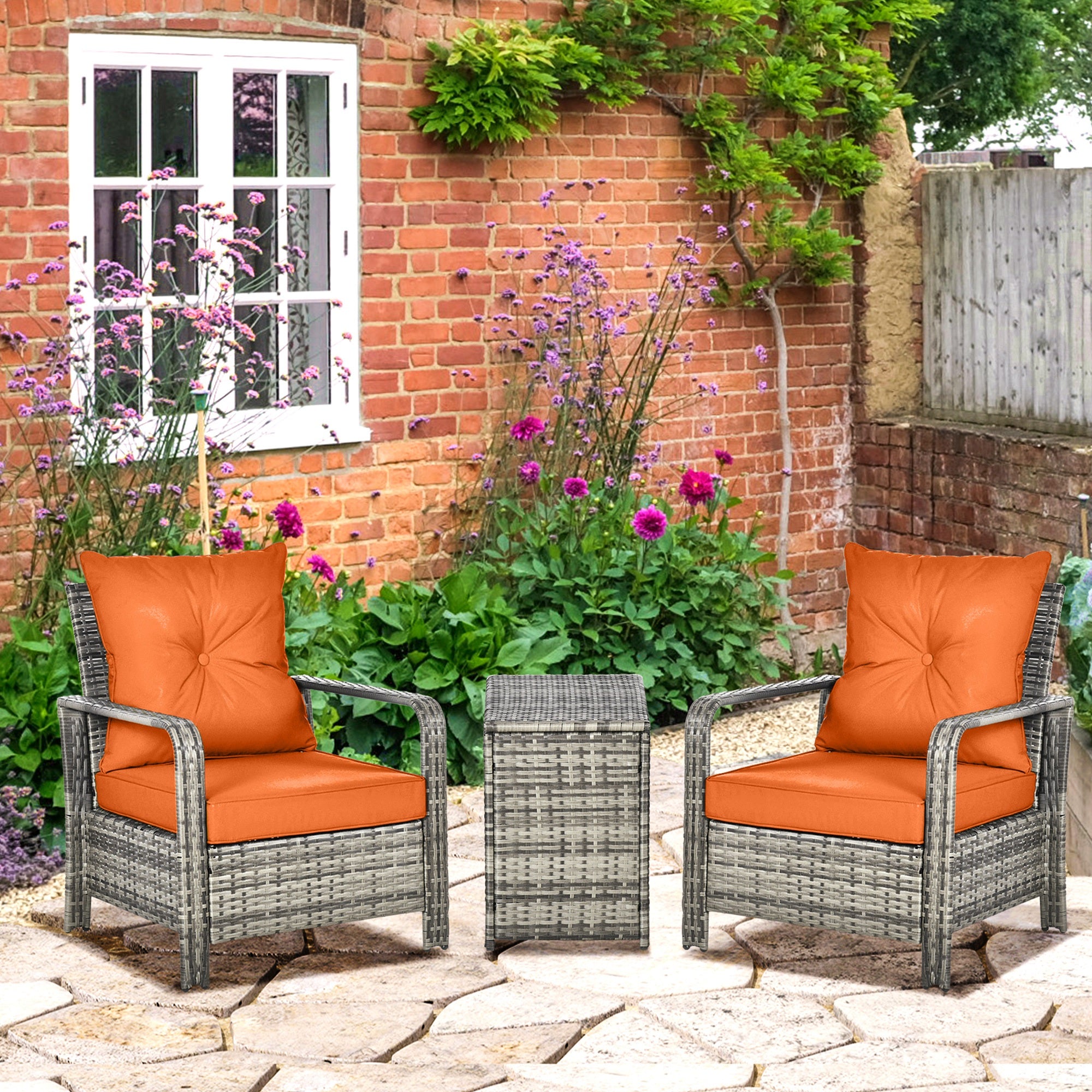 Outsunny 3 Pieces Rattan Bistro Set, Wicker Garden Furniture Set with Storage  Coffee Table and Chairs, Thickened Cushions for Outdoor, Patio, Balcony, Orange